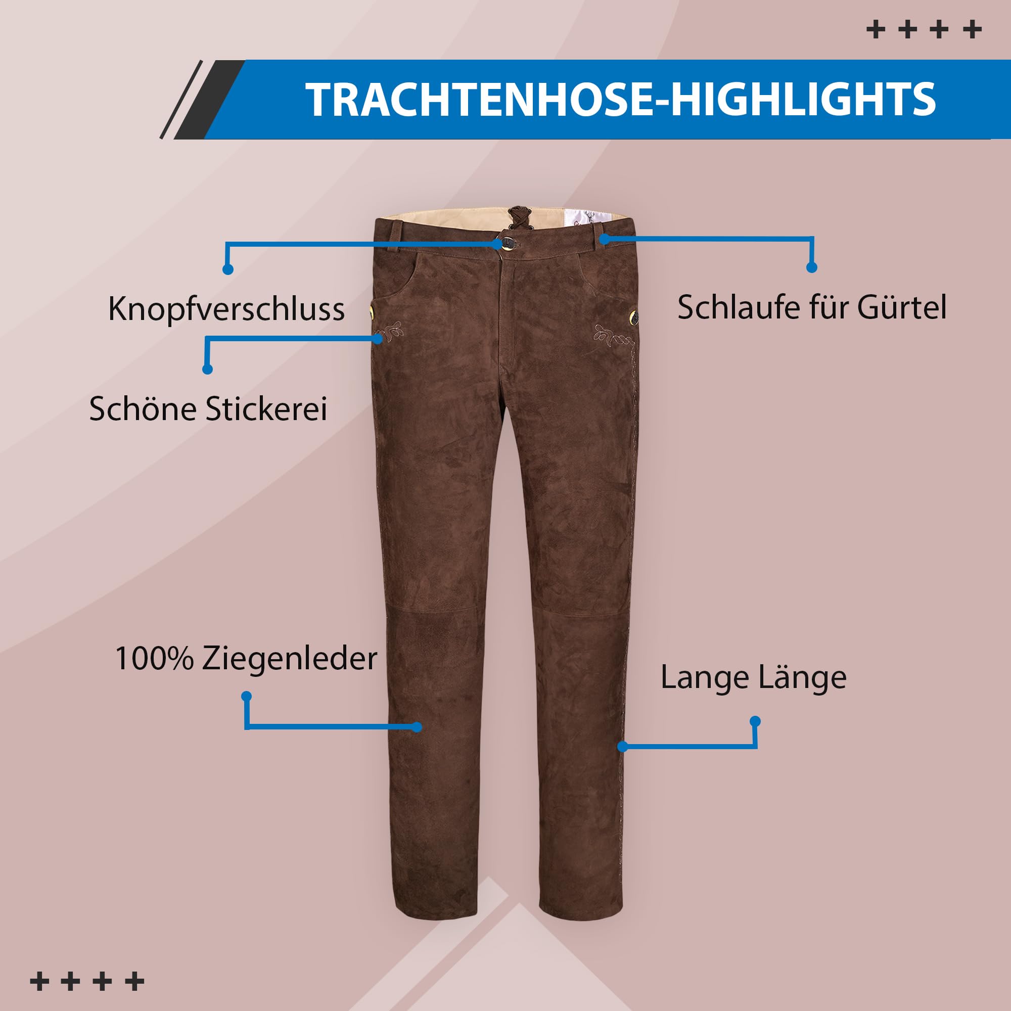 German Wear Trachten Lederhosen lang Herren aus echtem Ziegenleder – Braun mit Zopfstickerei & Gürtelschlaufen – Original weiche Trachtenhosen aus Wildleder für Volksfest & Alltag Braun