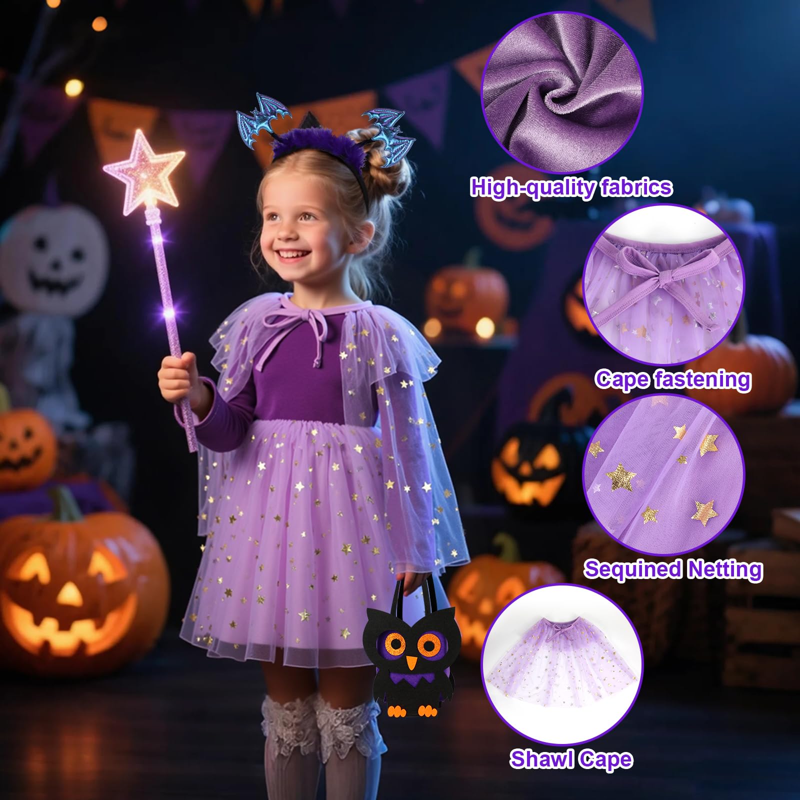 TAGVO Costume da Strega Halloween per Bambina, Ragazze Principessa Vestito Strega Viola Poncho Cappuccio Capo Paillettes Tulle Abiti serbatoio per bambini Halloween fantasia vestire per 1-6 anni