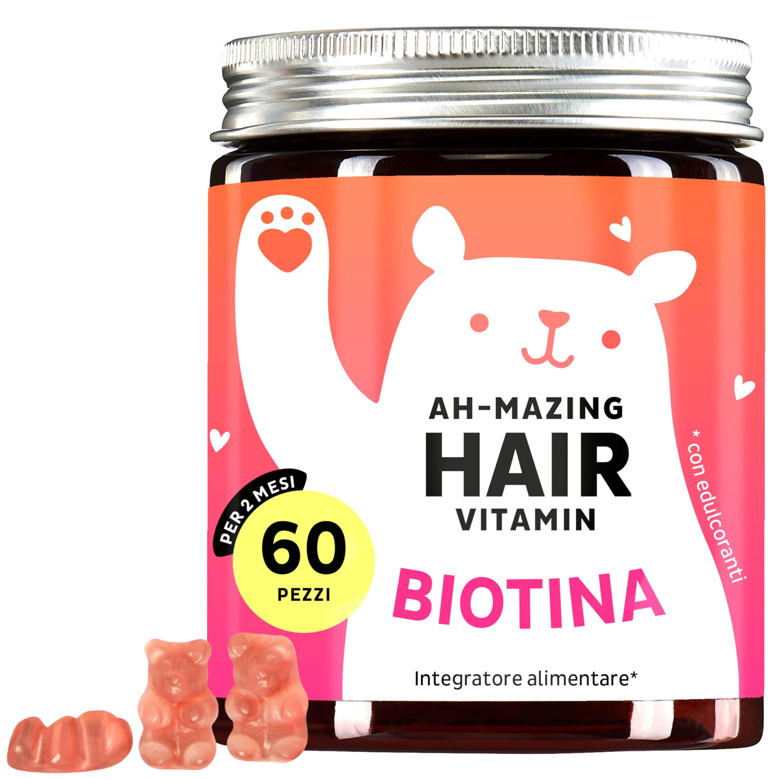 Caramelle Gommose Biotina Ah-mazing Hair Vitamins per Capelli, Pelle e Unghie – 5000 µg di Biotina, Zinco, Vitamine B6, C, E, Acido Folico & Iodio – 60 pezzi (2 mesi), Vegano, Bears with Benefits