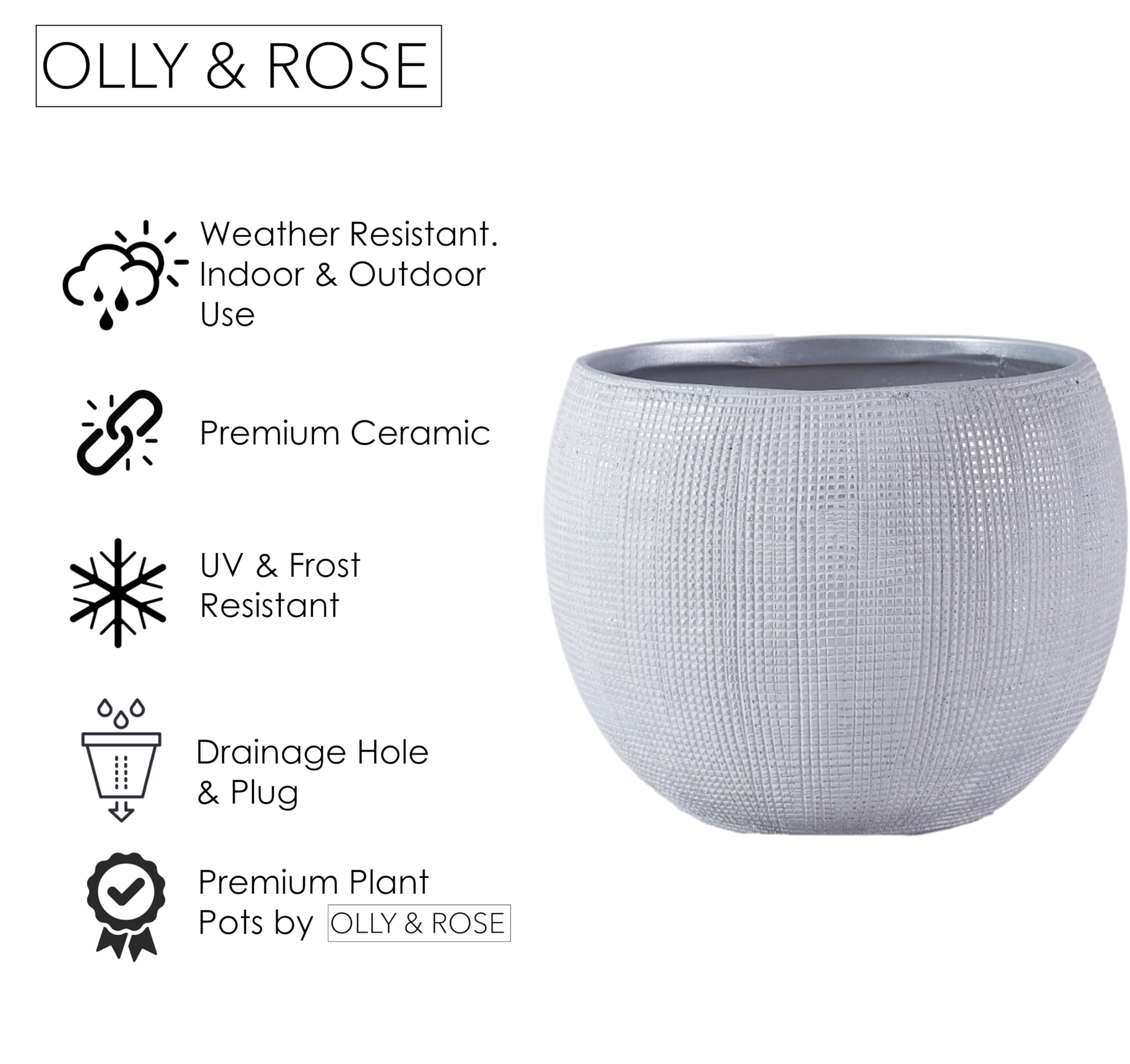 Olly & Rose Barcellona - Vaso per piante in ceramica grigio chiaro, 25 cm, grandi vasi per piante per interni ed esterni, colore grigio