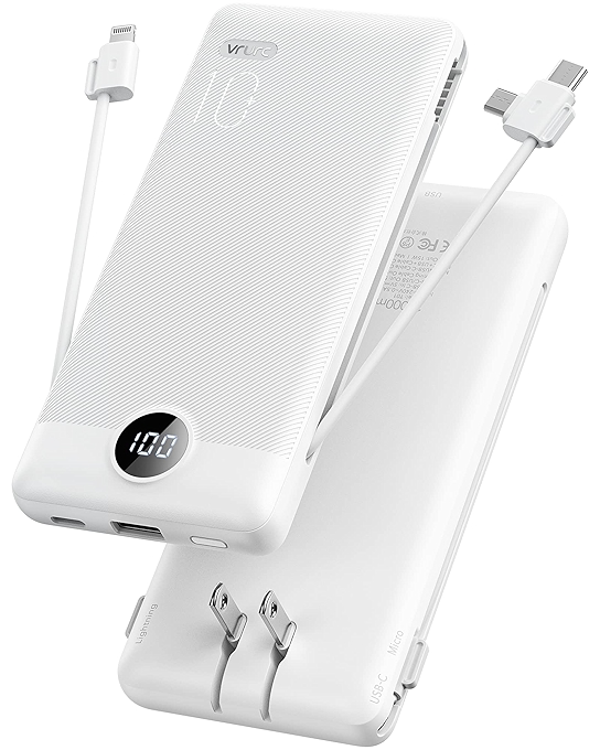 VRURC 10000mAh超薄便携充电宝，内置充电线和插头，适用于所有手机，LED显示