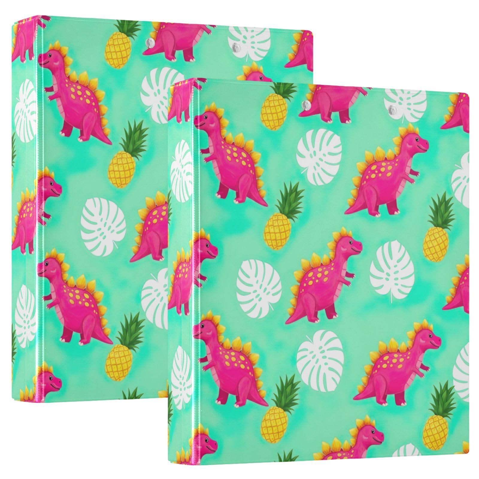 Confezione da 2 raccoglitori ad anelli con 3 anelli, motivo dinosauri rosa, con tasche, grandi, per scuola, università, ufficio
