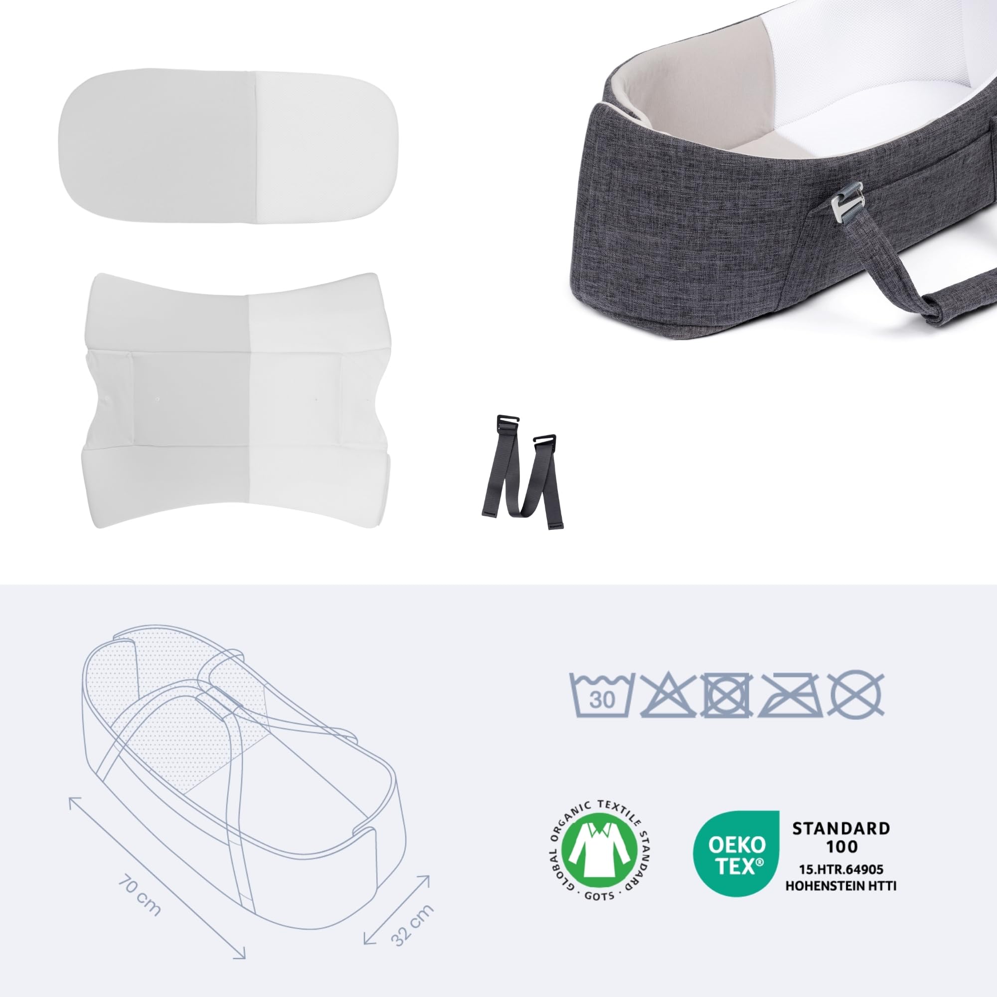 doomoo Nid bébé Nest & Go - Couffin transportable et sécurisé - Nomade et Facile à Transporter - Très Confortable - Coton Organique & Ultra Doux, Gris