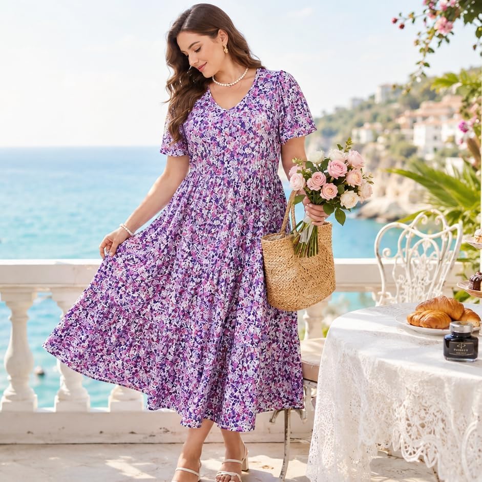 Image of Women's Plus Size Summer Dresses Floral Casual Tiered Midi Dresses V-Neck Short Sleeve Long Maxi Dress with Pockets