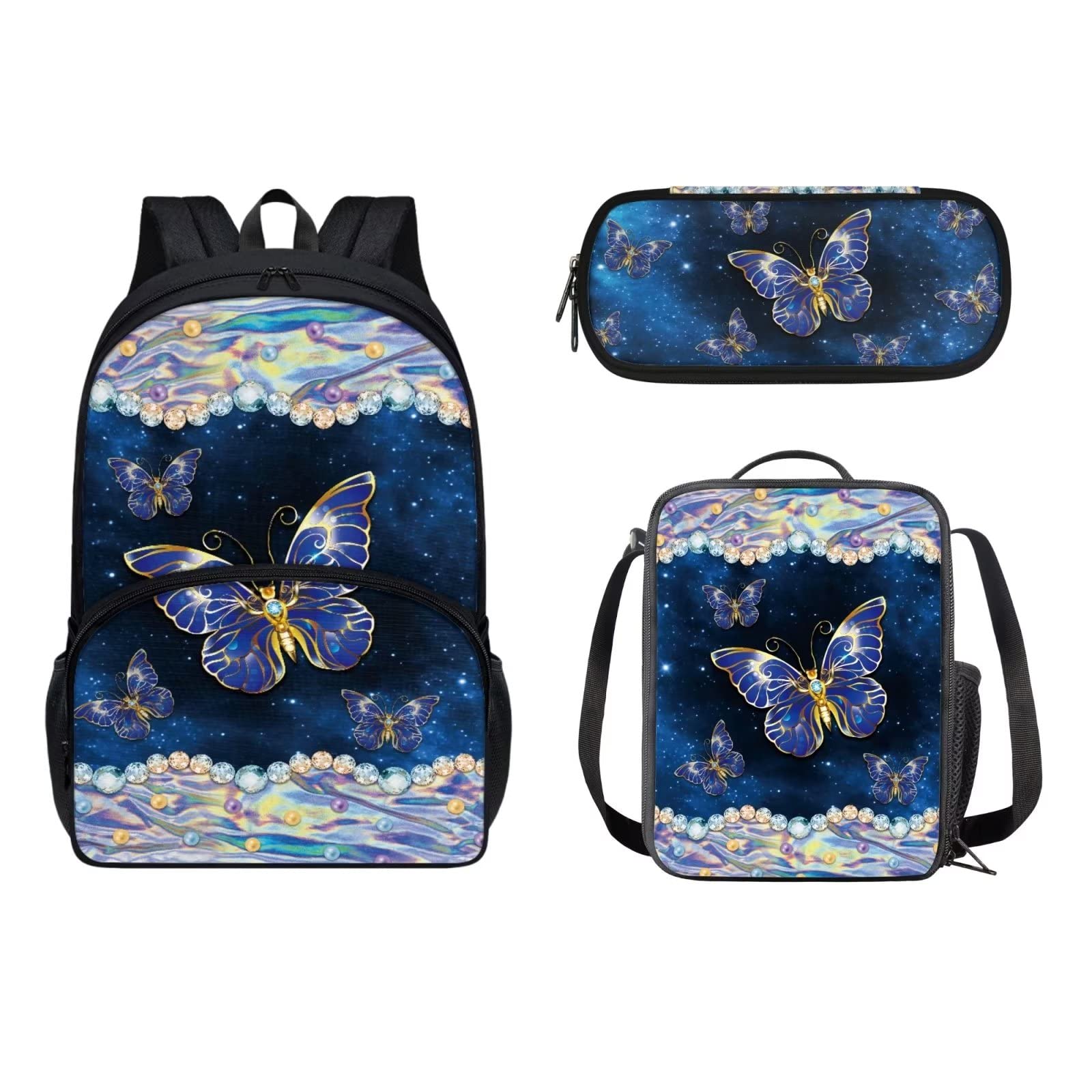 POLERO Mochila escolar de caballos para niños, juego de bolsas de almuerzo, estuche para lápices, 3 piezas, bolsas escolares, Mariposa brillante, Talla única, Mochila infantil