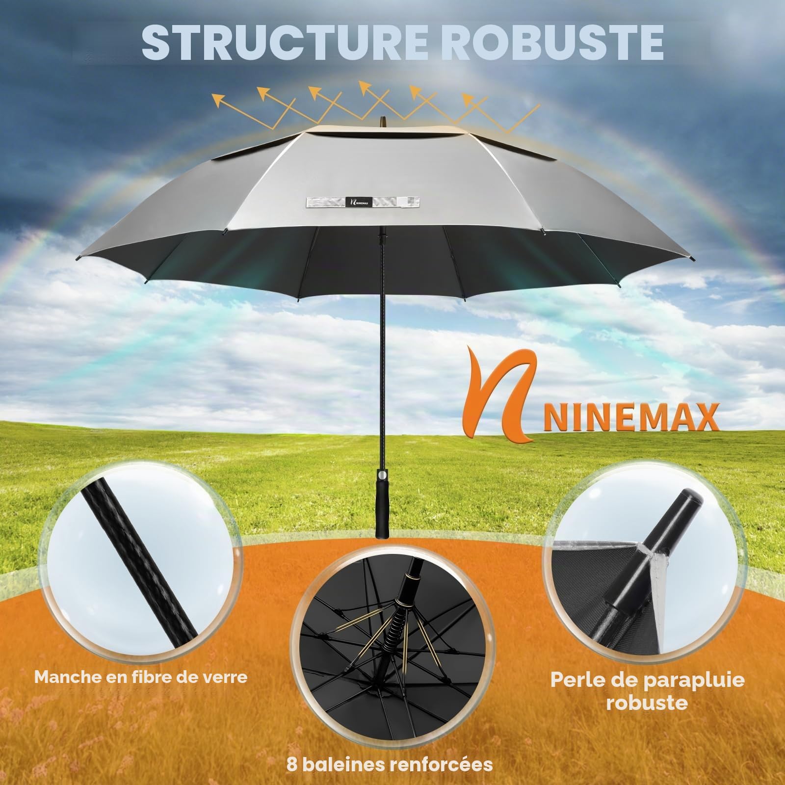 NINEMAX Grand Parapluie Soleil Anti UV XXL Ombrelle Solide Anti Vent Résistant pour 2 Personnes Argent Noir