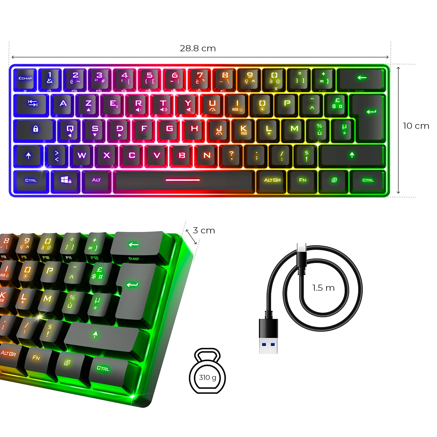 Spirit Of Gamer - Pro K2, Clavier Gamer Filaire Semi-Mecanique, Format Compact TKL 60%, 62 Touches Dont 24 Anti-Ghosting, Rétro-éclairage RGB Arc-en-Ciel, Hauteur réglable, Noir