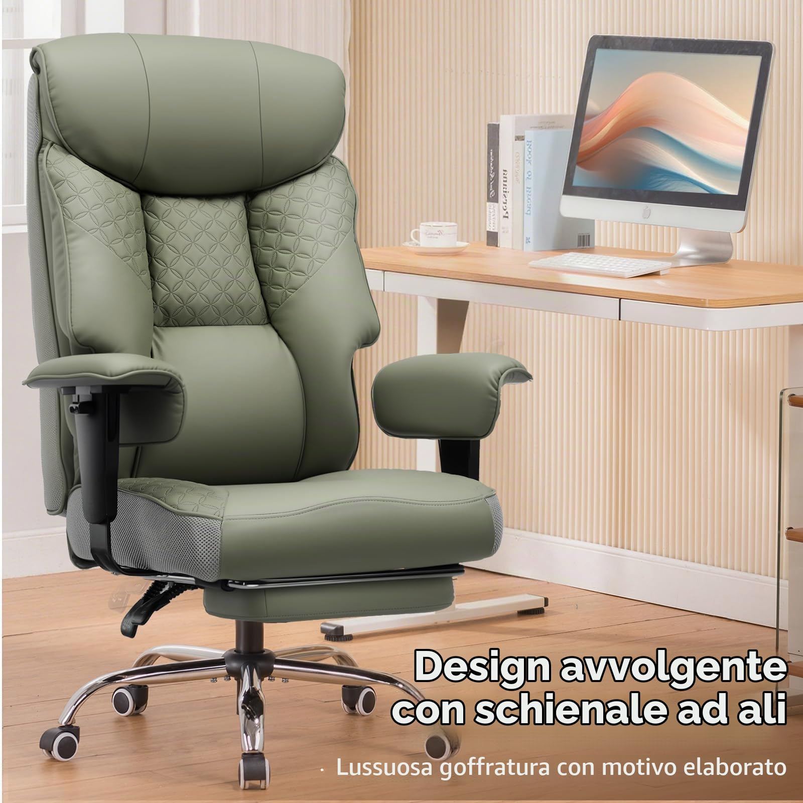 COMHOMA Sedia da gioco per persone grandi e pesanti, sedia da ufficio ergonomica fino a 180 kg, cuscino 3D, regolabile con poggiapiedi, pelle PU, comfort elevato per ufficio e gaming verde