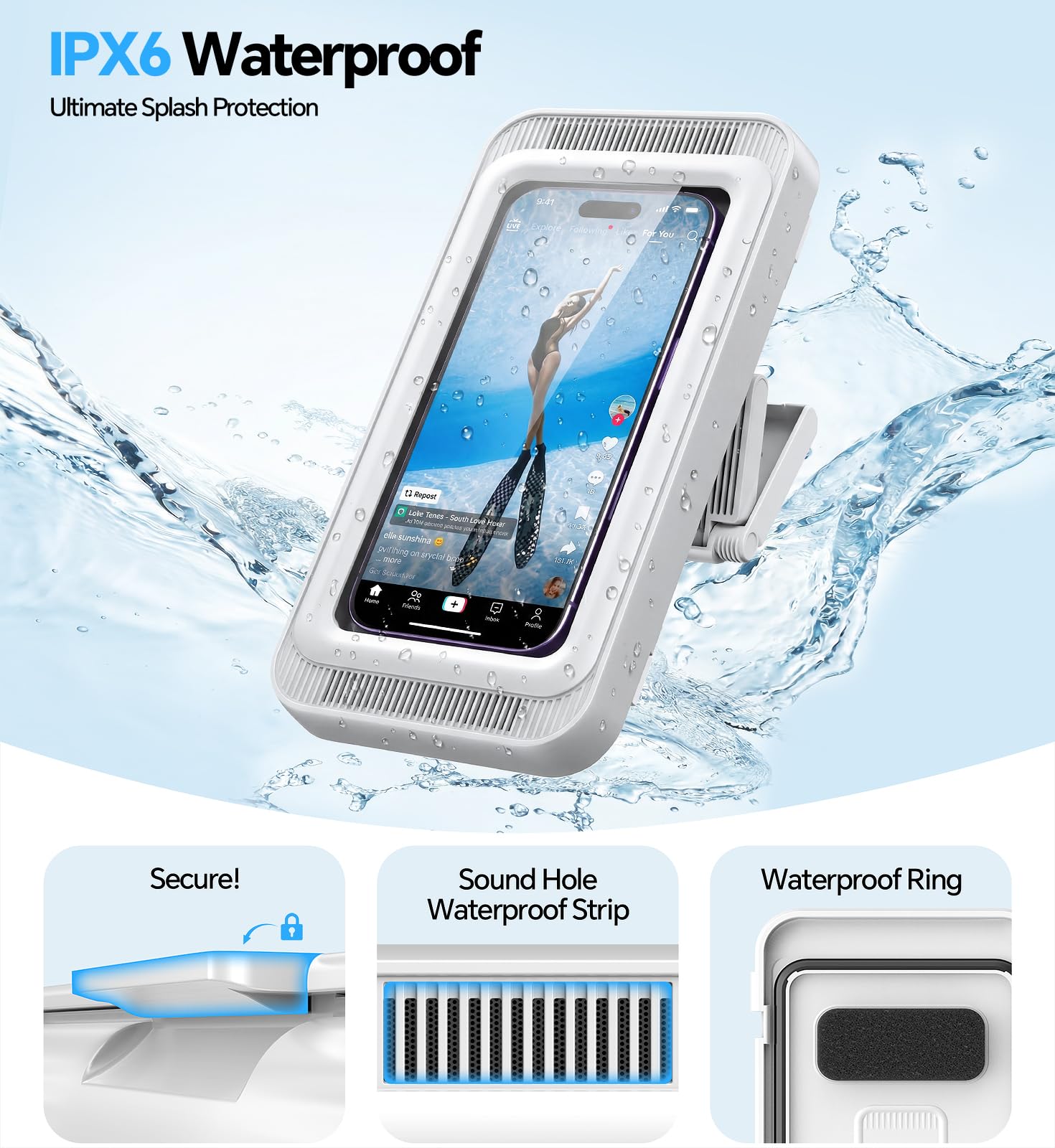 Coolpow Funda Impermeable Móvil para Ducha Soporte de Pared de Móvil para Ducha【480° Ajustable】 Soporte Movil Pared con Pantalla Táctil HD para Baño Cocina se Adapta a Teléfonos de 4-6.7“Smartphone
