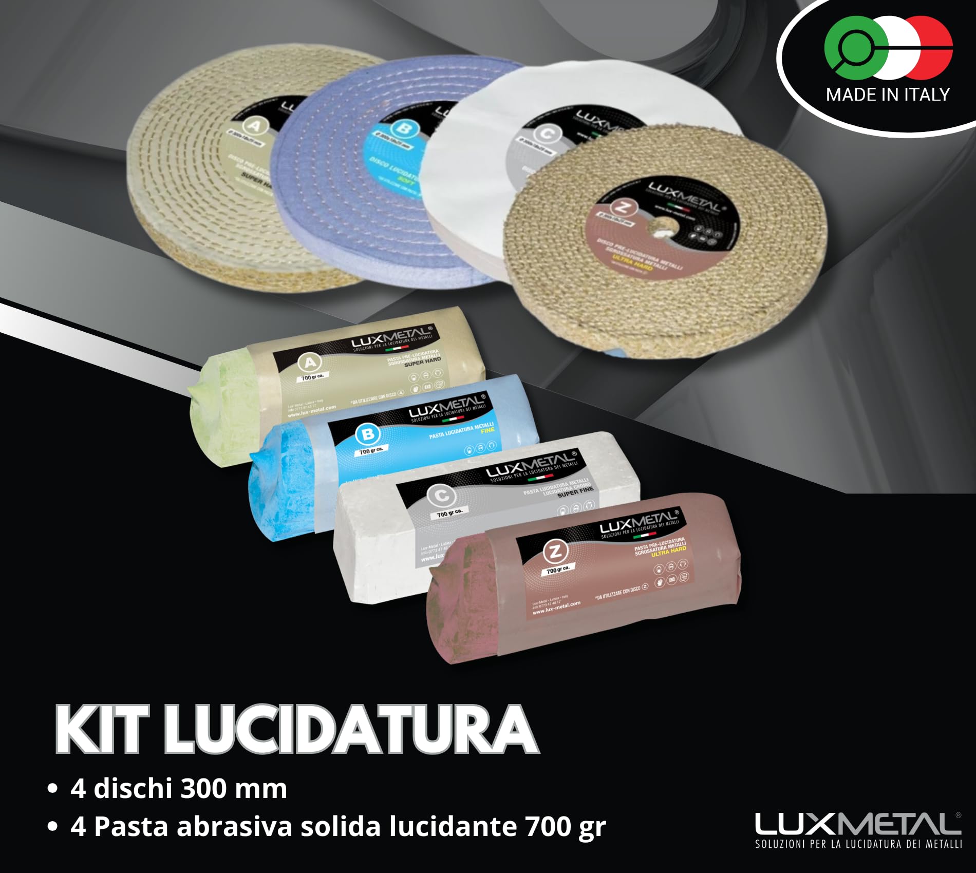 Lux Metal - Kit 4 Disco Lucidante 300 mm e 4 Pasta Abrasiva Lucidante 700 gr - Per Alluminio, Ferro, Acciaio Inox, Bronzo, Marmo - Ruota Lucidatura Metalli Mola Smerigliatrice Feltro