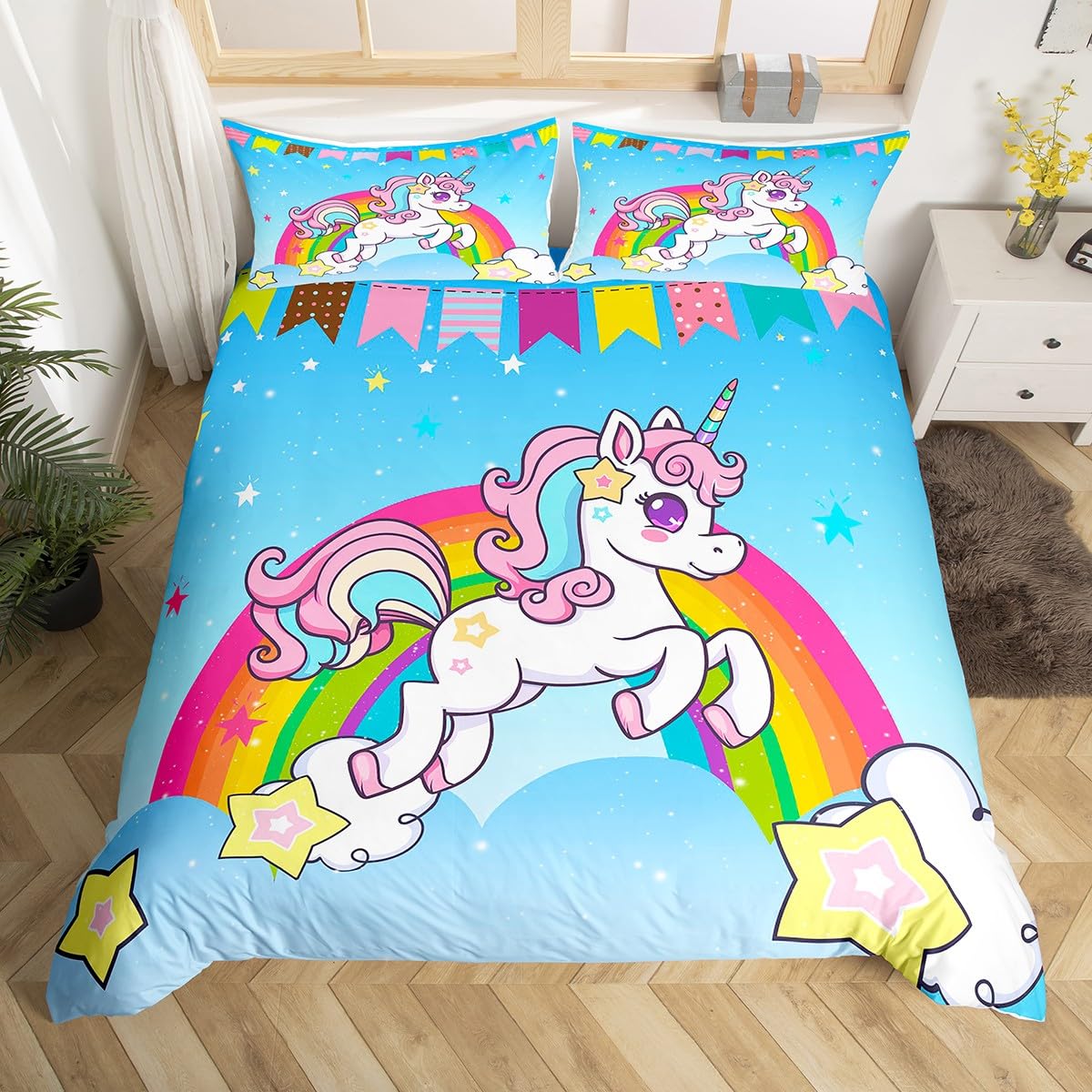 Erosebridal Unicorn Girls Bedding Set Twin Kawaii Cute Rainbow Duvet Cover Galaxy Stars Magical Comforter for Boys Kids Children Bedroom,Fantasy Room Decor Bed Set,Blue