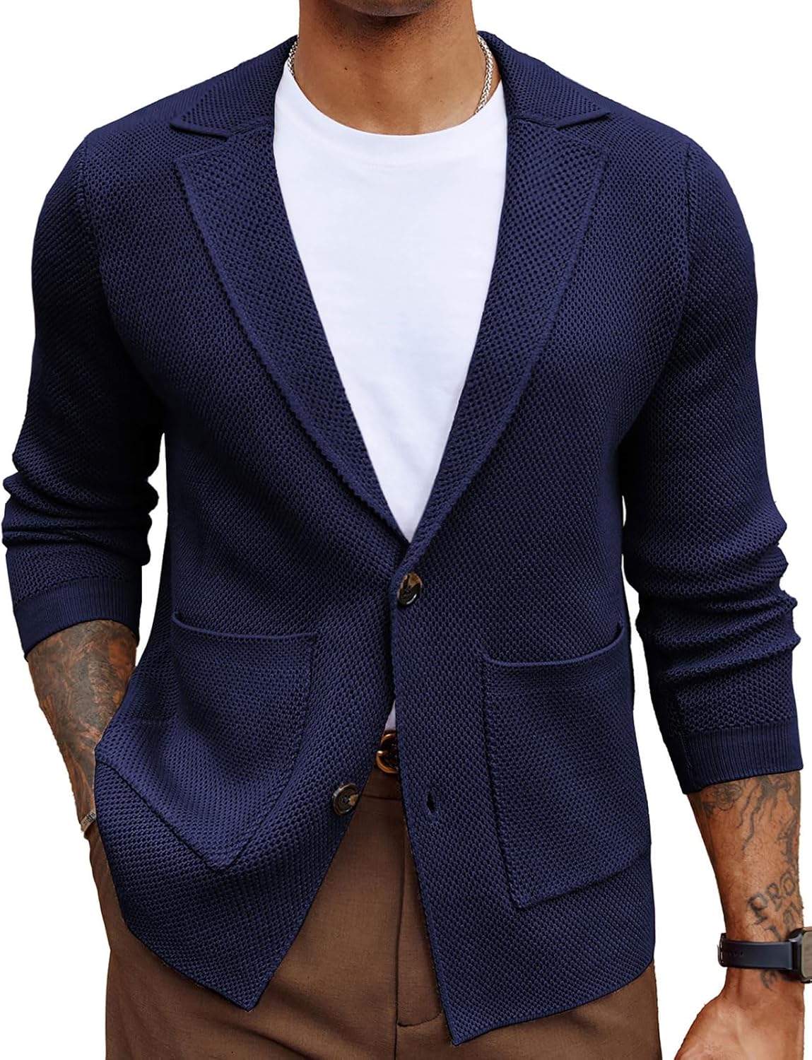 PJ PAUL JONES Mens Notch Collar Cardigan Sweaters Knit Textured Sweater Button Down Blazer with Pockets