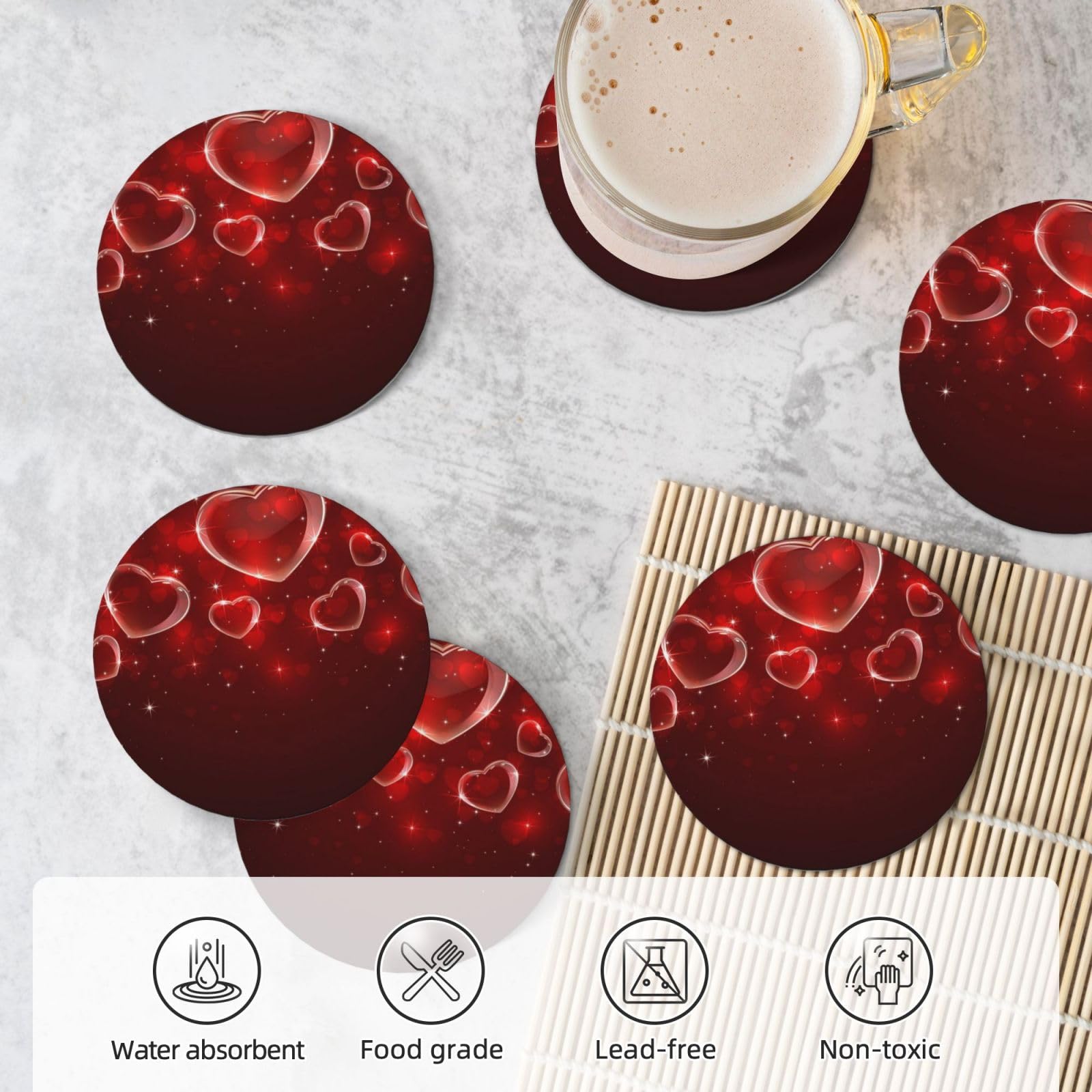 Lot de 6 dessous de verre absorbants en céramique avec base en liège Motif cœur rouge