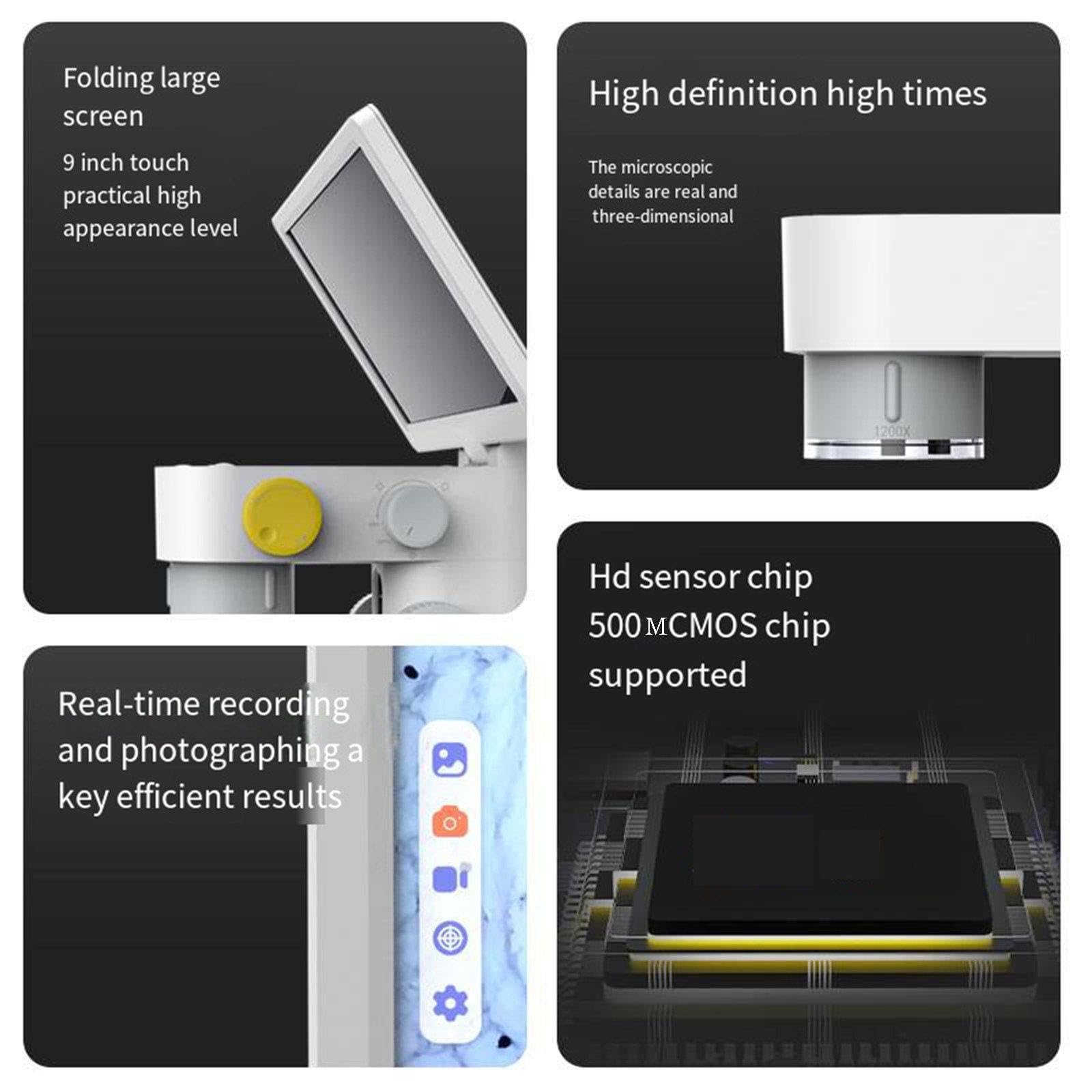 Microscopio biologico con schermo multi-touch da 9 pollici, doppia sorgente luminosa a LED e 3 set di obiettivi per connessione multi-dispositivo