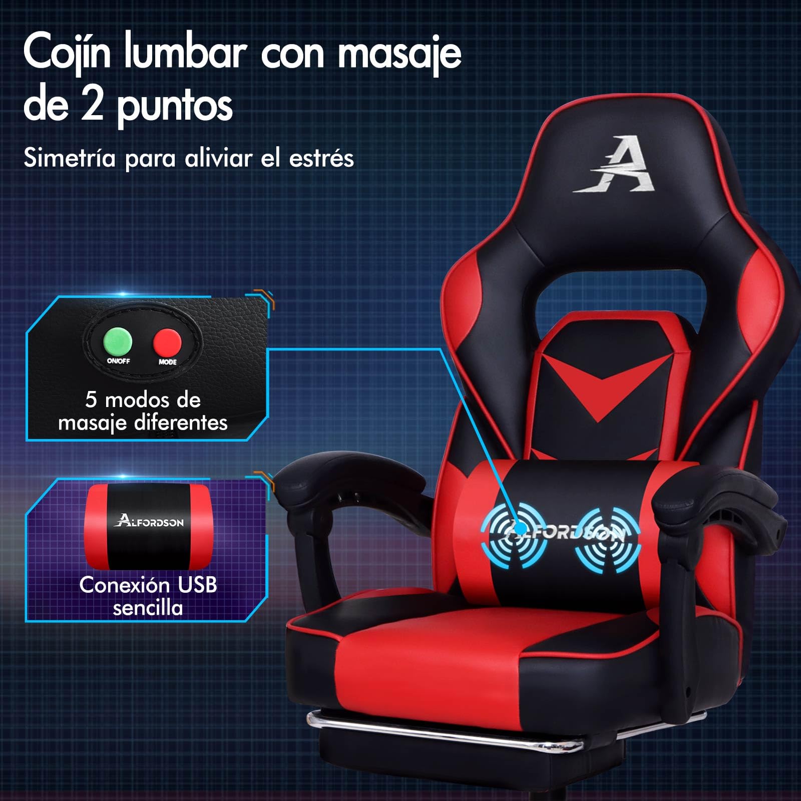 ALFORDSON Silla de Oficina para Juegos, 2 Puntos de Masaje con Soporte ergonómico, Comodidad Lujosa, con reposapiés, reposabrazos de Cuero sintético, Silla para el hogar, Cuero sintético, Rojo