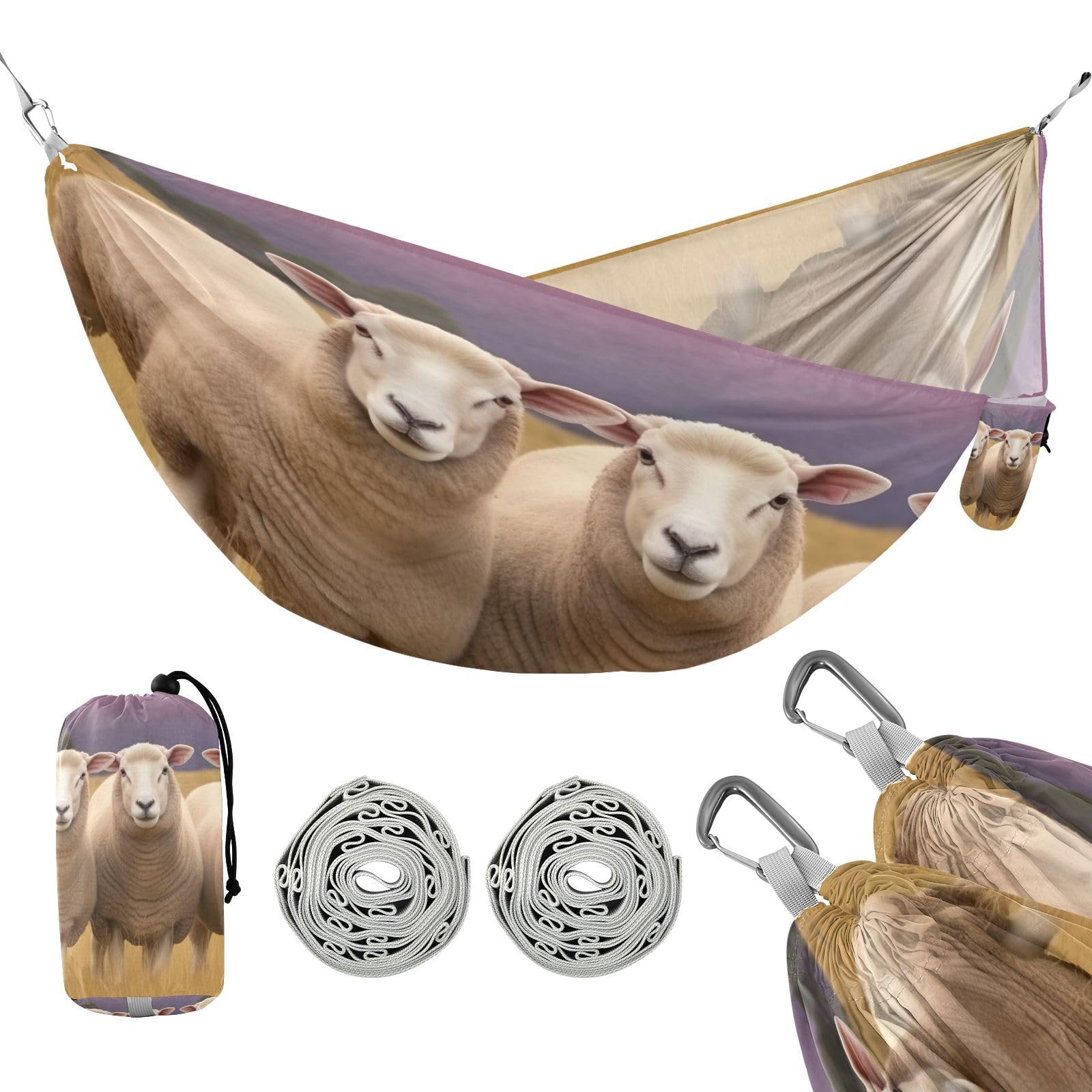 SDMKA Cute Sheeps Camping Hammock, 330 lbs with 2 Tree Straps, Carry Bag, Single Portable Hammock for Outdoor/Indoor, Hiking, Beach, Backpacking, Travel