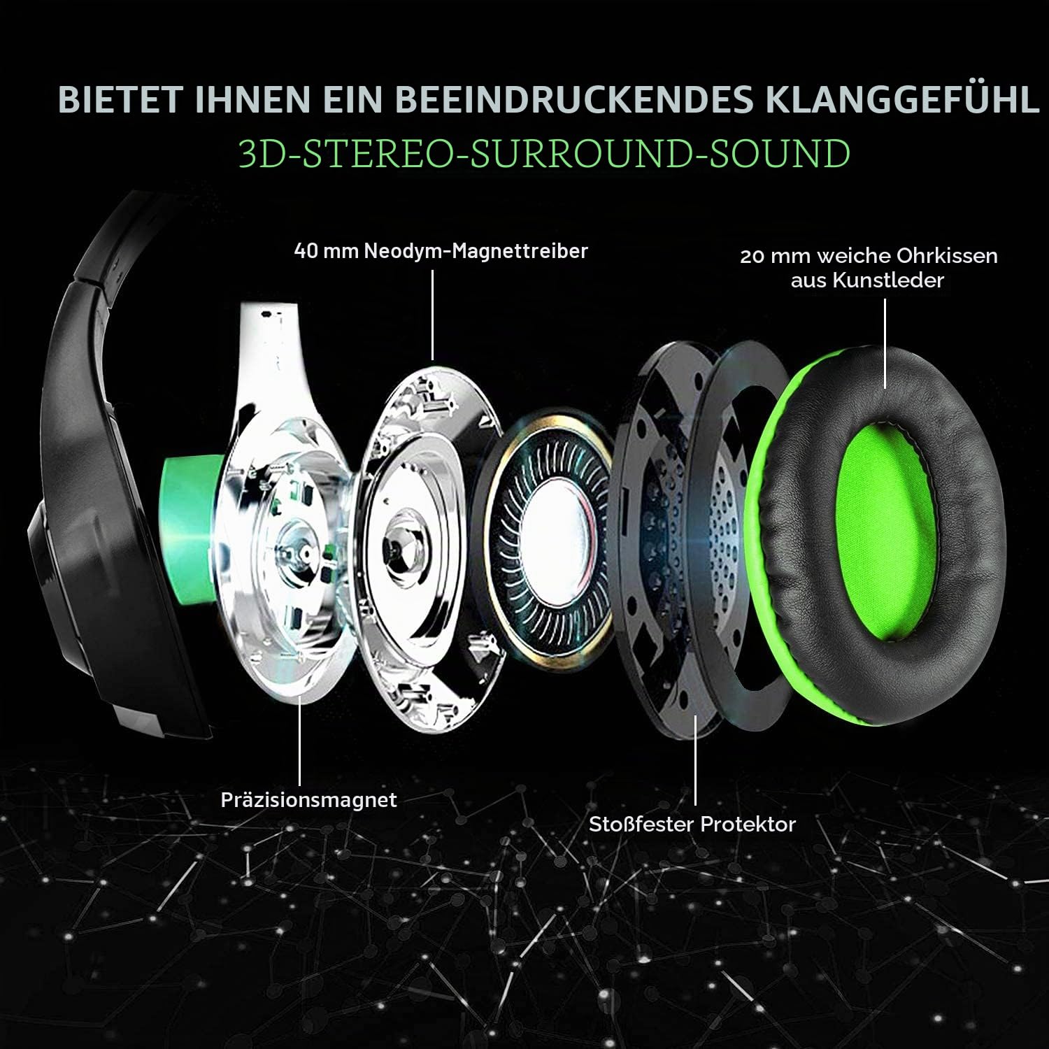 BlueFire Gaming Headset für PS4, Gaming Kopfhörer mit 3,5 mm Klinkenstecker LED und Mikrofon, Bass Stereo Audio Surround Gaming Headset für Xbox One/Xbox One S/PC/Laptop (Grün)
