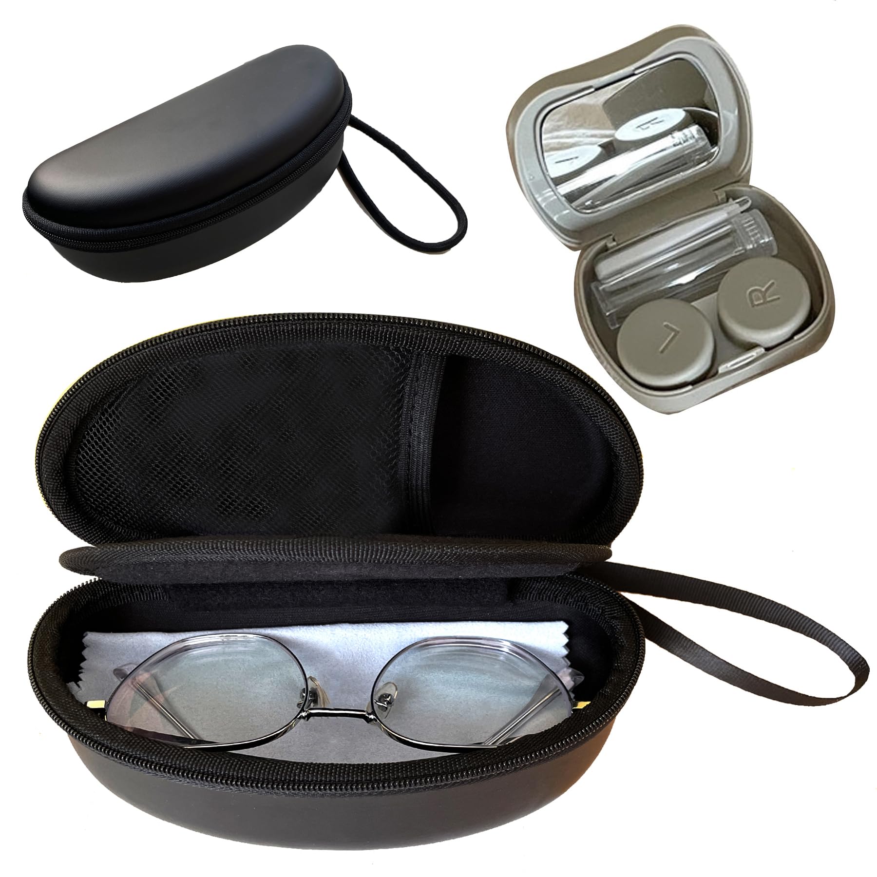 Howinn 2 in 1 Contact Lens Case and Glasses Case Combo, Double Sided Dual Use Design Eyeglasses Case, Leak Proof & Portable, Tweezer and Contact Lens