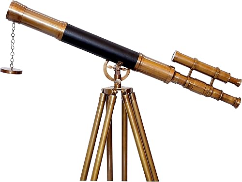 Miniatura 4 de Navirock Telescopio antiguo de latón cubierto de cuero con trípode ajustable de maderalatón náutico auténtico de alto aumento manual de enfoque de