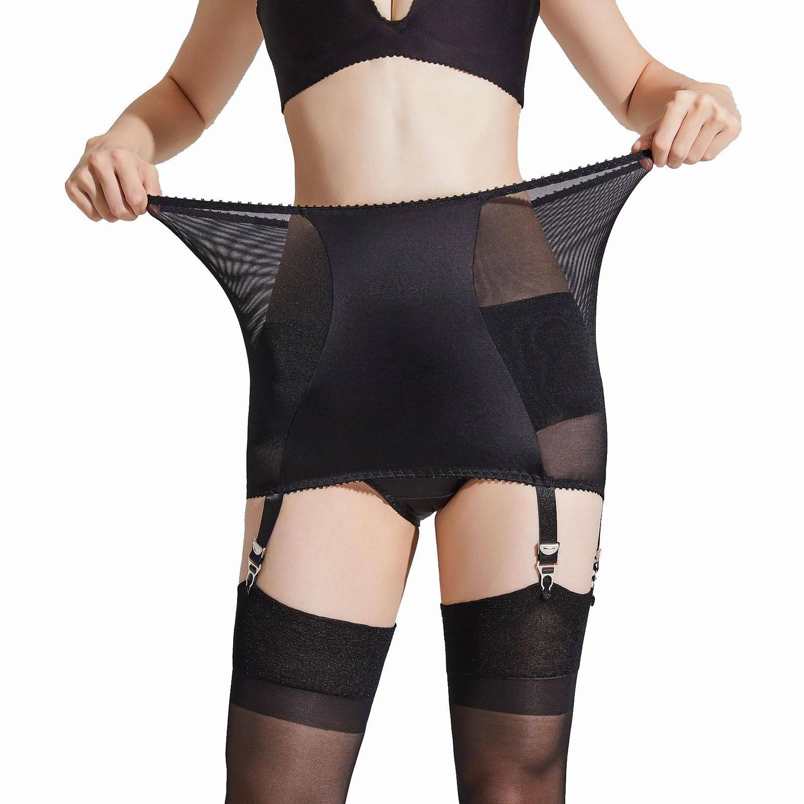 Liguero de Mujer para Medias Vintage 6 Metal Clip Sexy Mesh Suspender, Negro