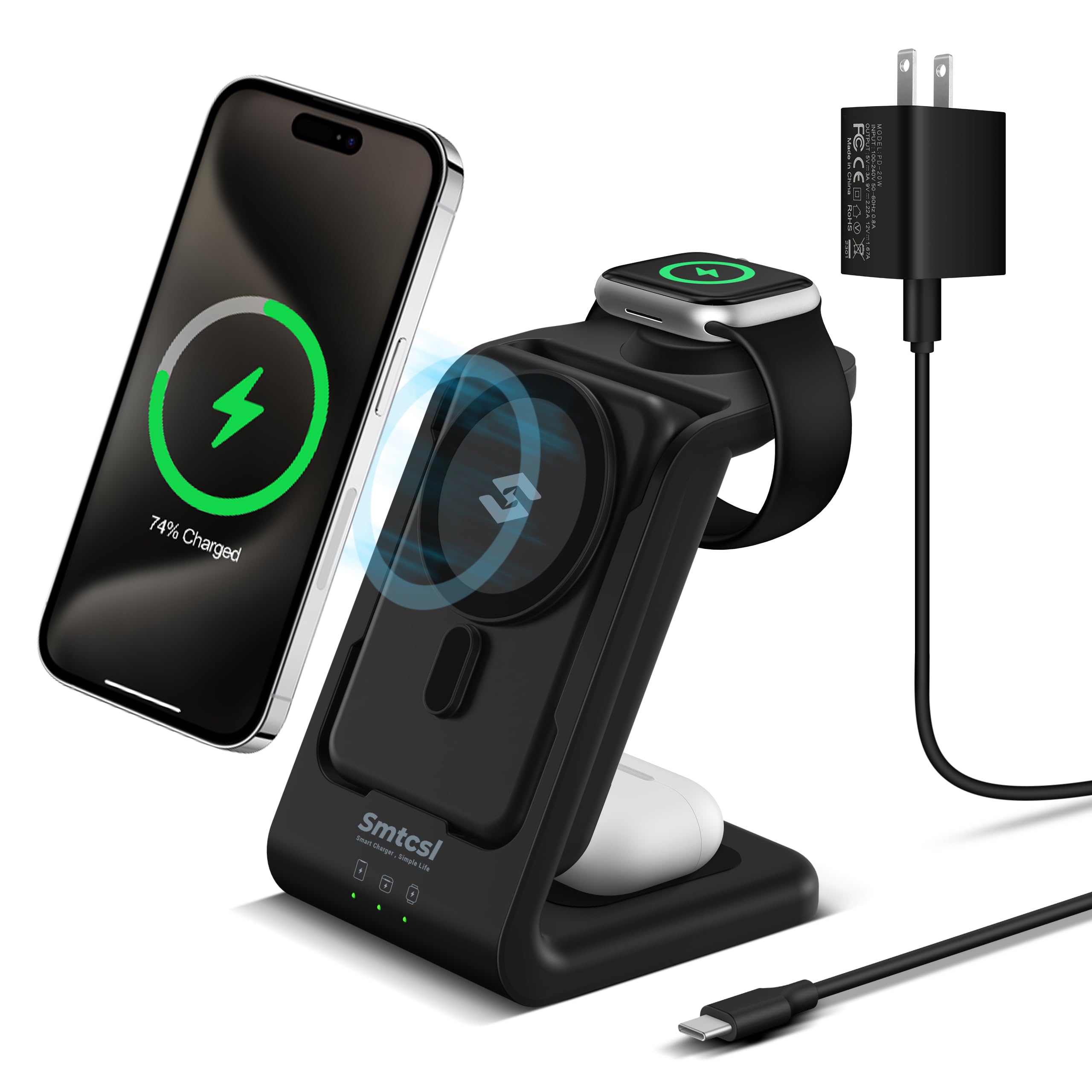 Smtcsl 3 in 1 Wireless Charging Station 10000mAh Removable Power Bank Charger Stand for Phone Watch Air Pods