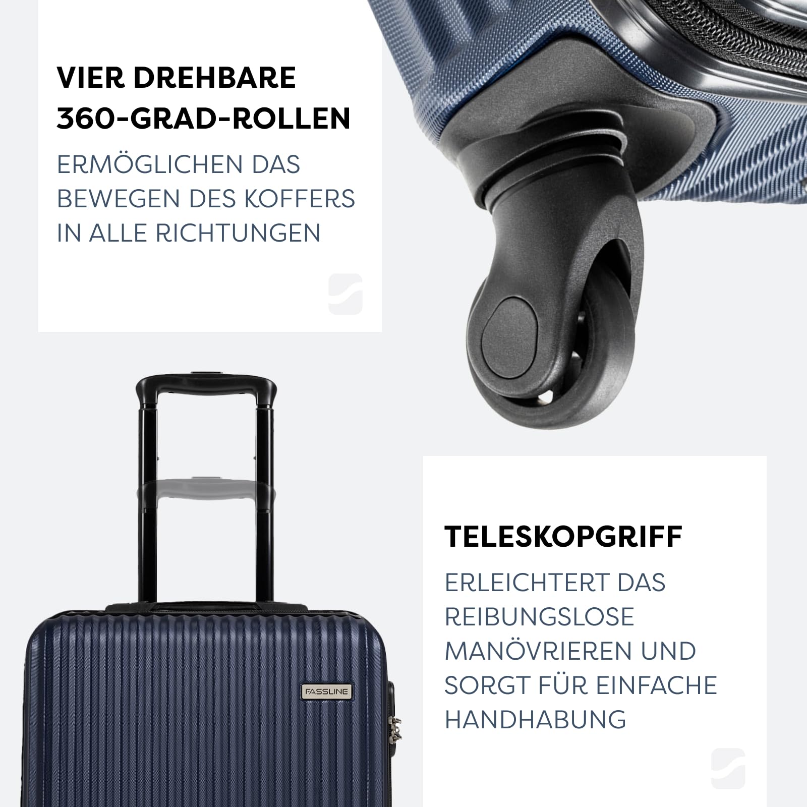 Kofferset 3 stück, Trolley Set Handgepäck und Reisegepäck, Kabinenkoffer, Mittel und Großer Koffer Hartschale aus ABS, Vier 360°-Spinner-Rollen, Zahlenschloss, Teleskopgriff, Dunkelblau