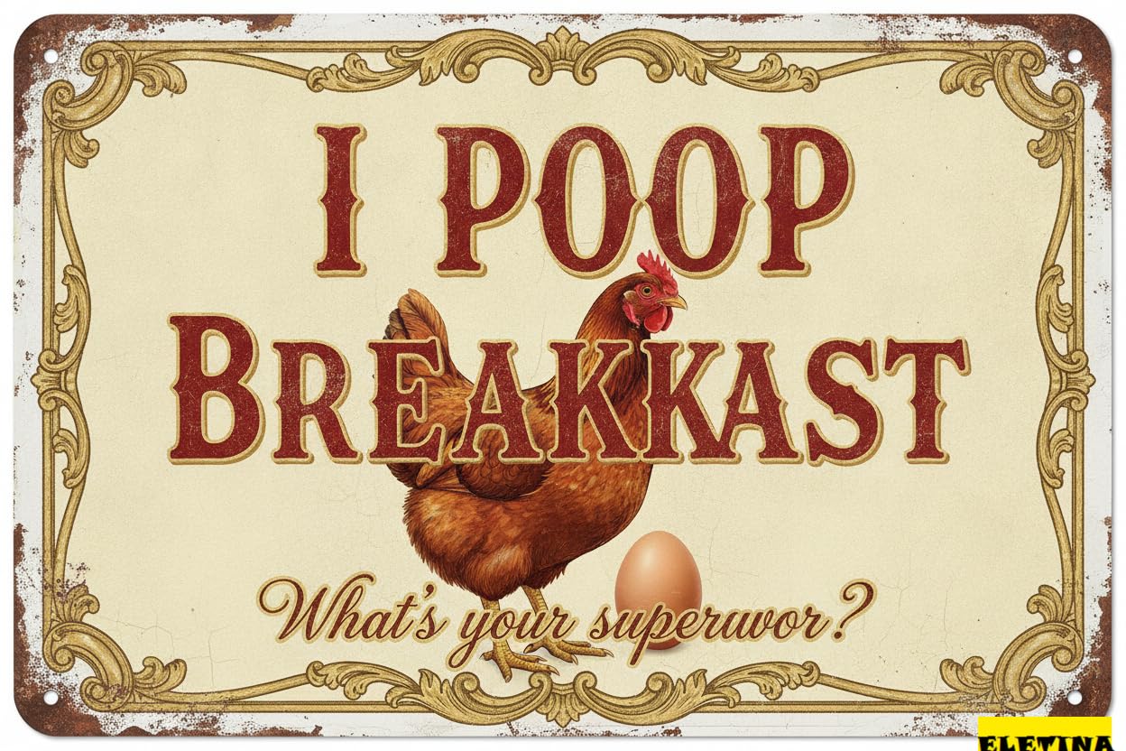 Personalized Sign for Man Cave Tin S Farm House Dcor - Metal Farmhouse Chicken Coop With A Retro Look 12 X 8 In. I Poop Breakfast What's Your Superpower Private Property Decorative