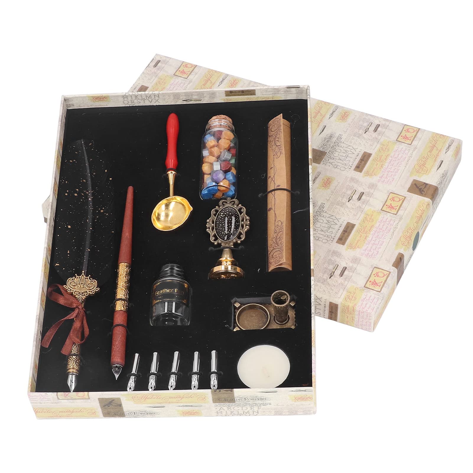 Pen Set Calligraphy Pen, Retro European Quill Pen Set with Stainless Steel Nibs and Brass Base, Wax Seal Kit for Hand Lettering, Wedding Invitations, Journaling (Punto Nero)