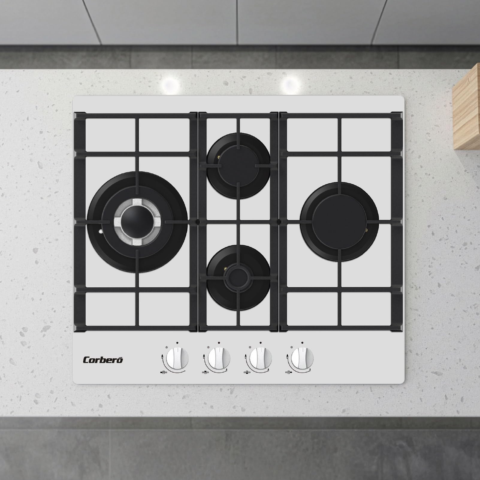 Corberó - szklana płyta gazowa LUX | CPCGM4F4126W | 4 strefy | moc 8,05 kW | samozapłon | strefa WOK | warstwa ochronna Clean + | automatyczne wyłączanie | białe szkło