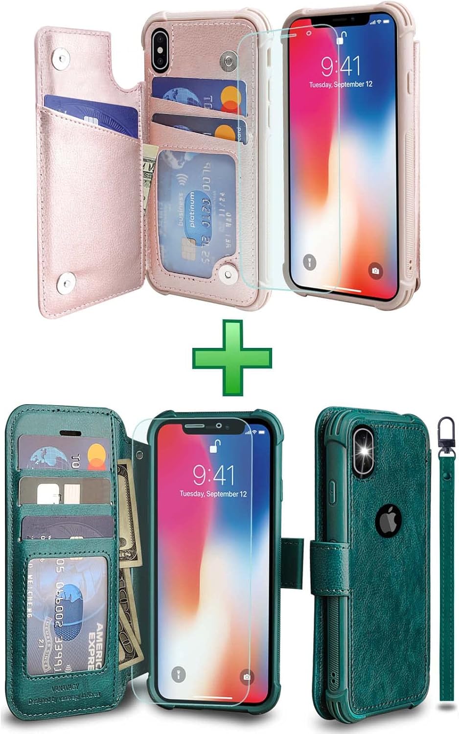 VANAVAGY iPhone Xs Case,iPhone X Wallet Case, Leather Flip