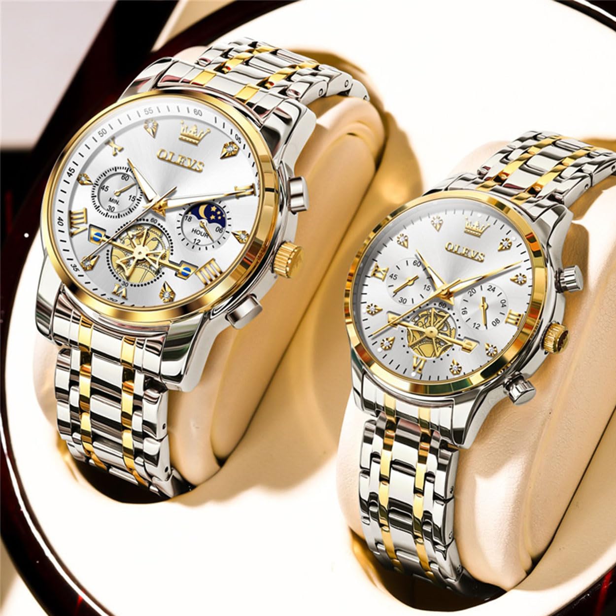 OLEVS Juego de relojes para parejas para hombre y mujer, reloj a juego con diamantes románticos para el día de San Valentín