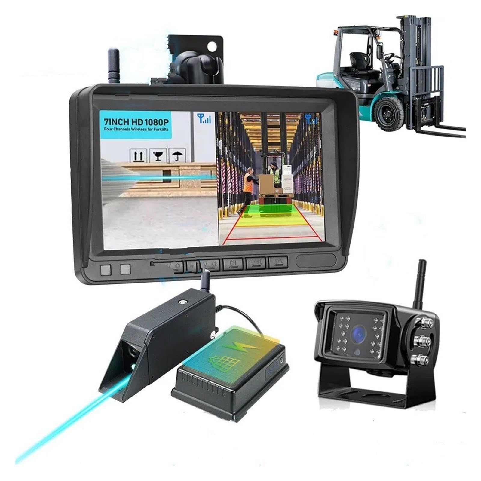 Camara Marcha Atras Monitor DVR Inalámbrico Digital IPS 7 Pulgadas Cámara Visión Frontal para Carretilla Elevadora HD Batería Magnética Láser Kit Radar BSD(Add 128GB,Monitor with 2camera)