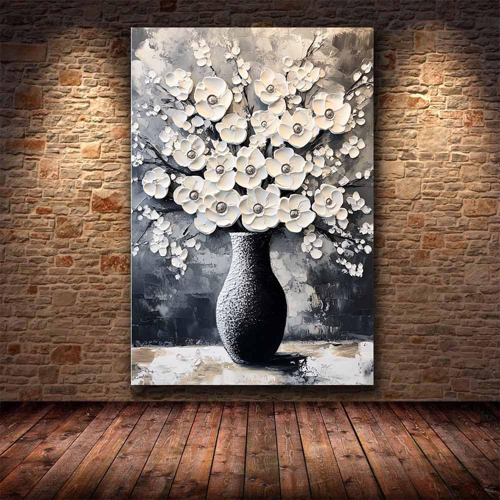 WUFIEA Semplice arte botanica Stampe su Canvas Fiori bianchi disposti in vaso per Camera da Letto Agriturismo Soggiorno Bagno(beige)-60x90cm Incorniciato