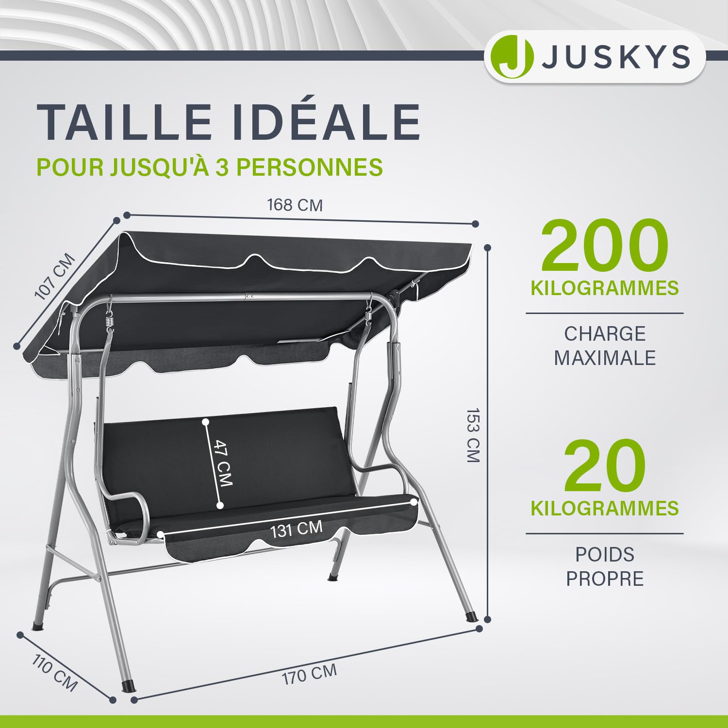 Juskys Balançoire Hollywood avec Toit et Coussin de siège - balançoire de Jardin 200 kg Chargeable - Banc de balançoire pour Jardin et terrasse- Gris, 3 Places