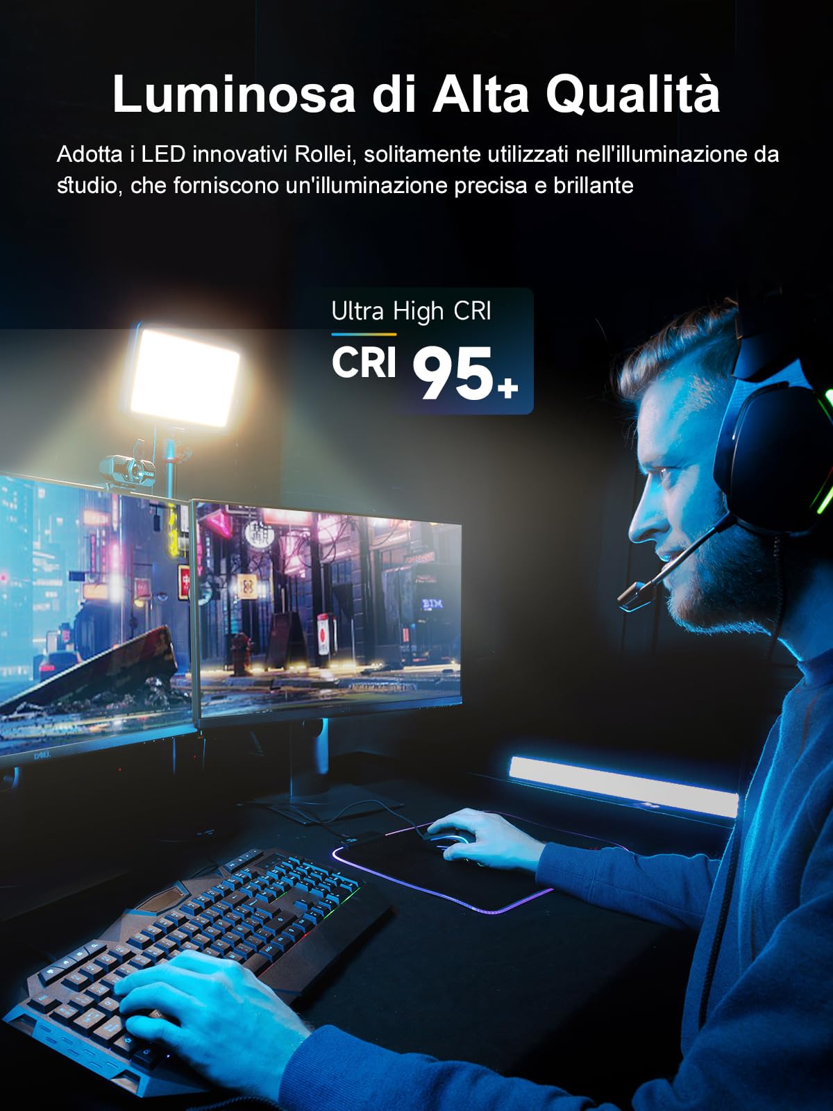 Rollei Lumis Key Light Scrivania, Faretto Streaming CRI 95+ Lampada per Video PC con Treppiede 28~78cm, Pannello Illuminatore LED Fotografia per Videomaker Podcast Youtuber Videoconferenza Webcam