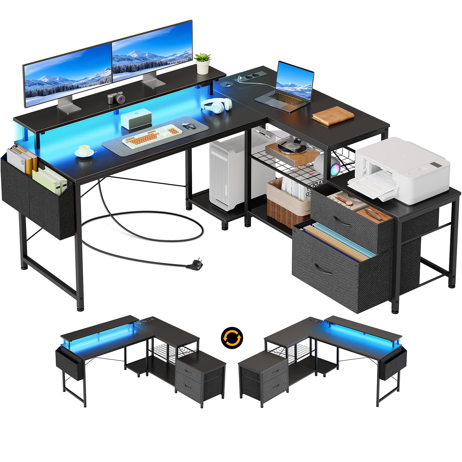 Seventable Bureau en L d'angle avec LED, Grand Bureau Gaming/Réversible avec 2 Prises, 2 Ports USB & 1 Type-C, 2 Tiroirs et Support d'Écran, Poste de Travail à Domicile 135 x 125 cm (Noir)