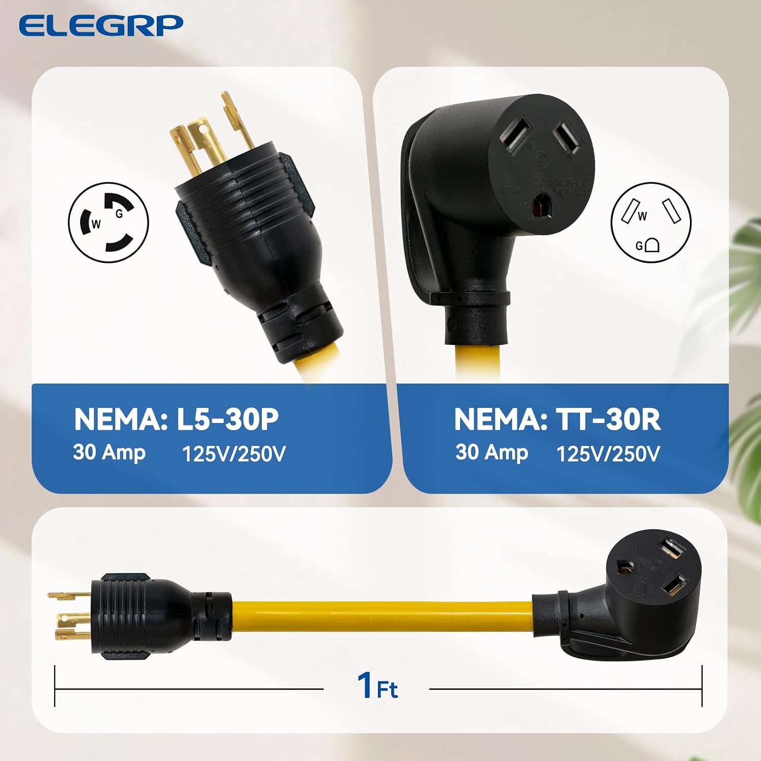 ELEGRP 30 Amp Generator Adapter Cord, NEMA L5-30P to TT-30R Generator to RV Adapter, 3 Prong Twist Lock Male to RV Female Receptacle, Heavy Duty Dogbone Electrical Converter for Travel Trailer Camper