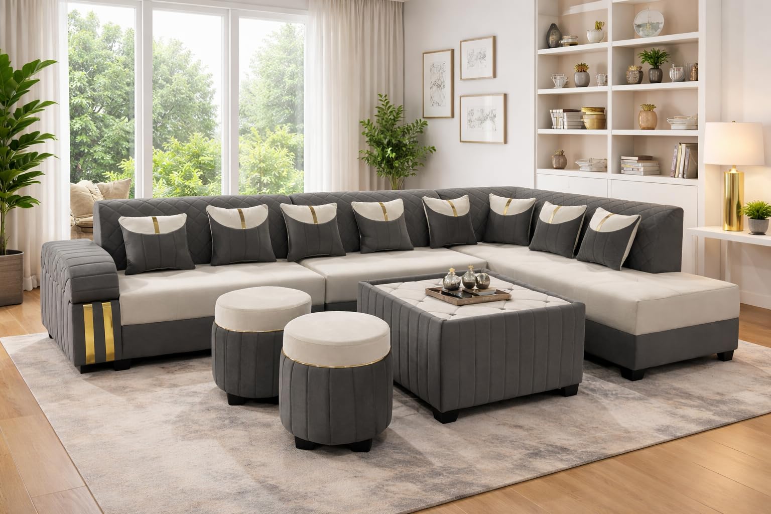 Right Facing Upholstered Modern L Shape Sofa 9 Seater | Sectional Leatherette Fabric Sofa Set with Centre Table and 2 Puffy Ottomans for Living Room & Drawing Room | Dark Grey & Cream-image-40