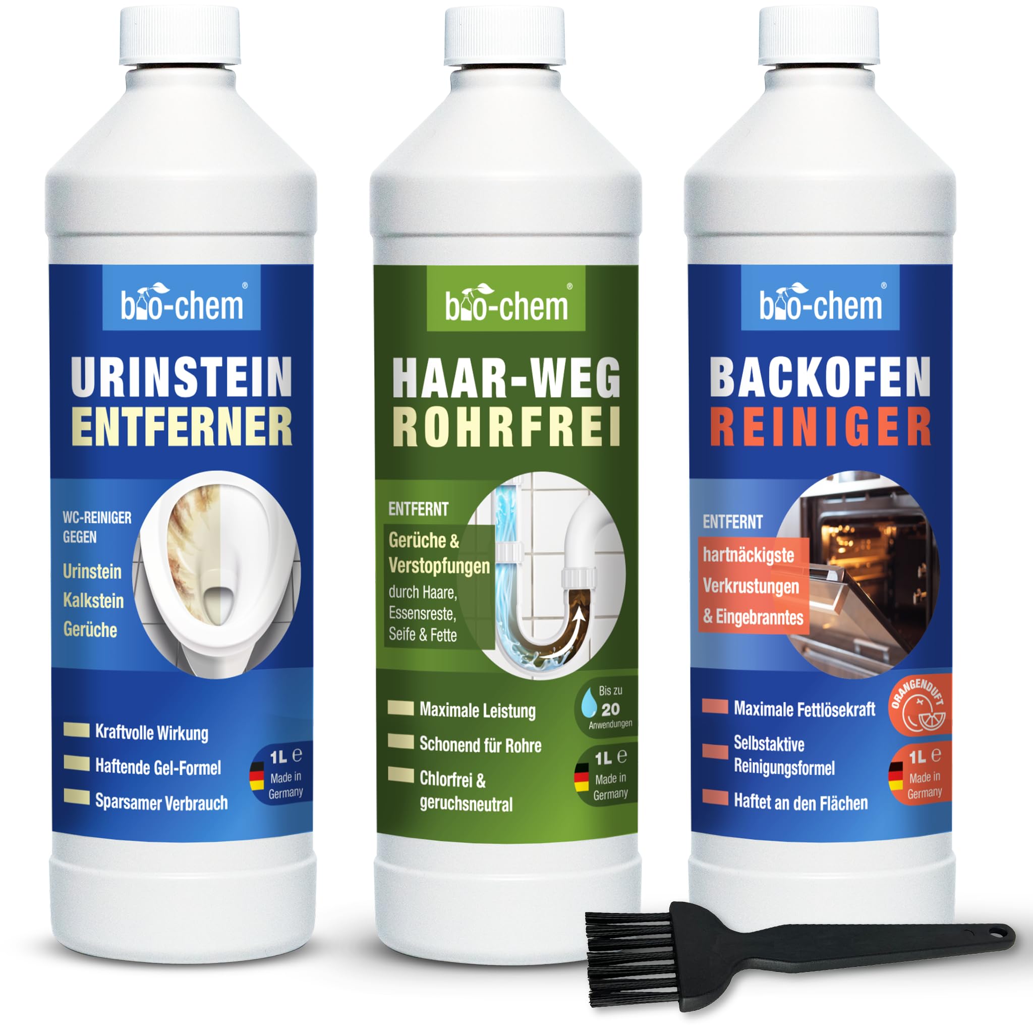 bio-chem Haushalt Spezialreiniger Set 3-teilig | Mit Haar-Weg 1L, Urinsteinentferner 1L und Backofenreiniger 1L für Abfluss, WC & Backofen
