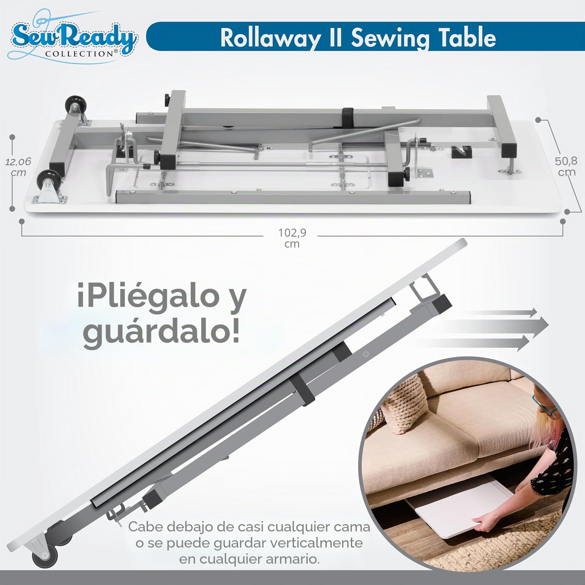 Sew Ready Rollaway II - Mesa de Costura Plegable, portátil, compacta, Color Plateado y Blanco