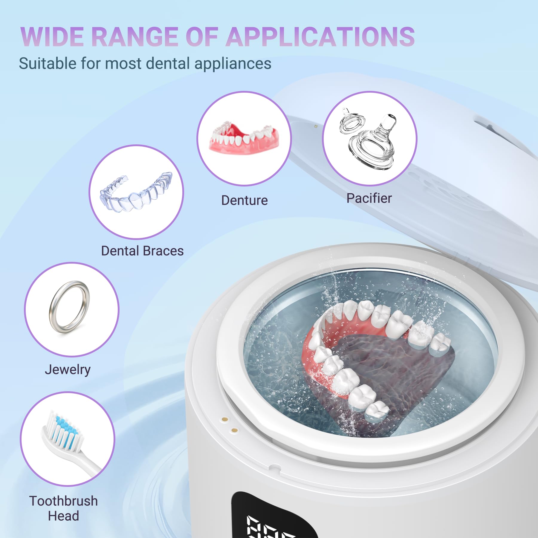 Ultrasonic Retainer Cleaner 25W Portable Ultrasonic Denture Cleaner Multi-Mode 45KHz with Drying and Removable Inner for Dental Trays, Braces, Jewelry, Toothbrushes, Mouth Guards, Aligners,Ring White - 5