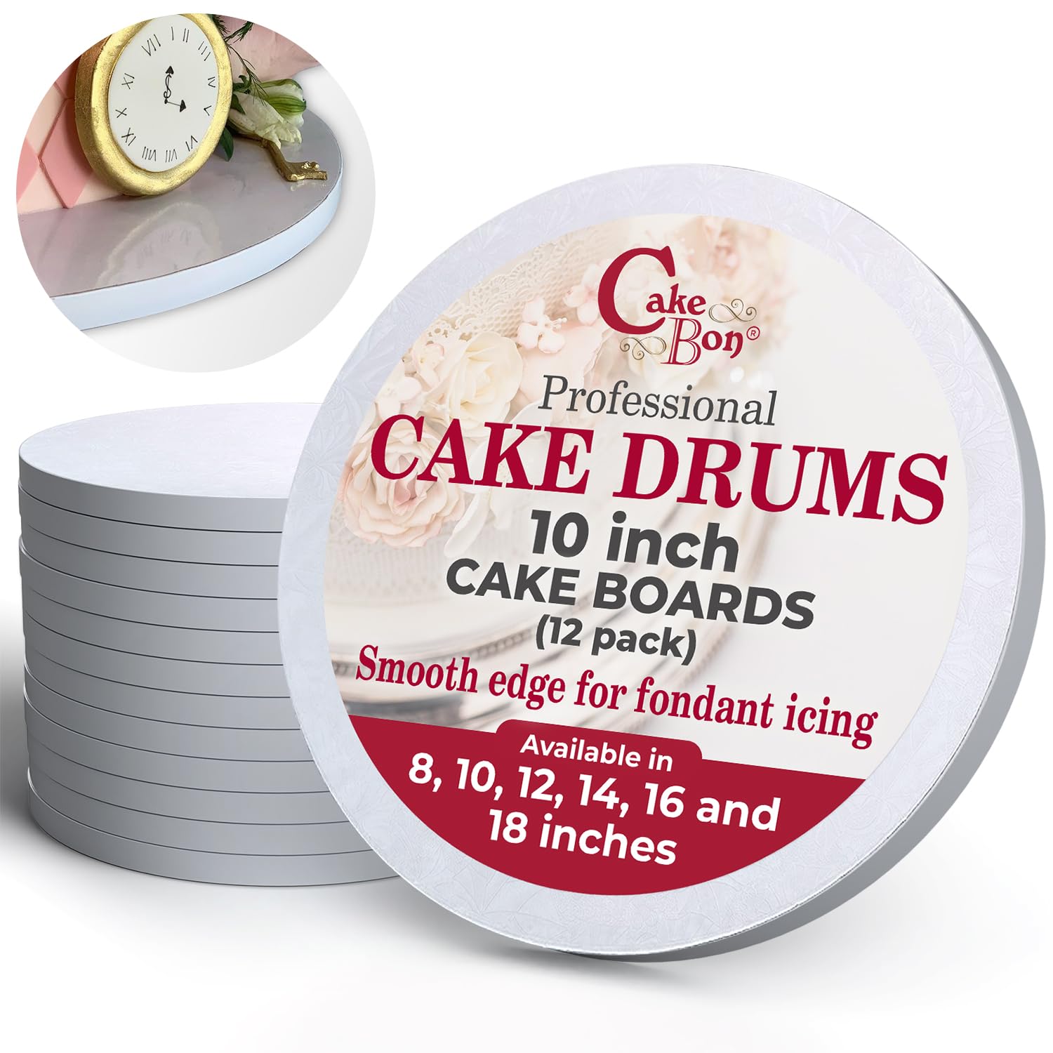 Cakebon Cake Boards 10" White Round Cake Drums 1/2" Thick Smooth Edge 12Pk