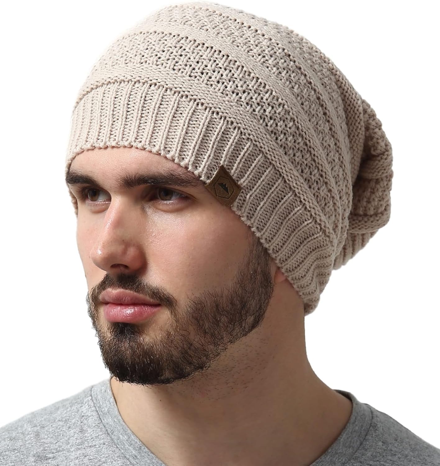 Tough Headwear Slouchy Beanie Caps Acrylic Fabric in Color Beige (Pack of 1)