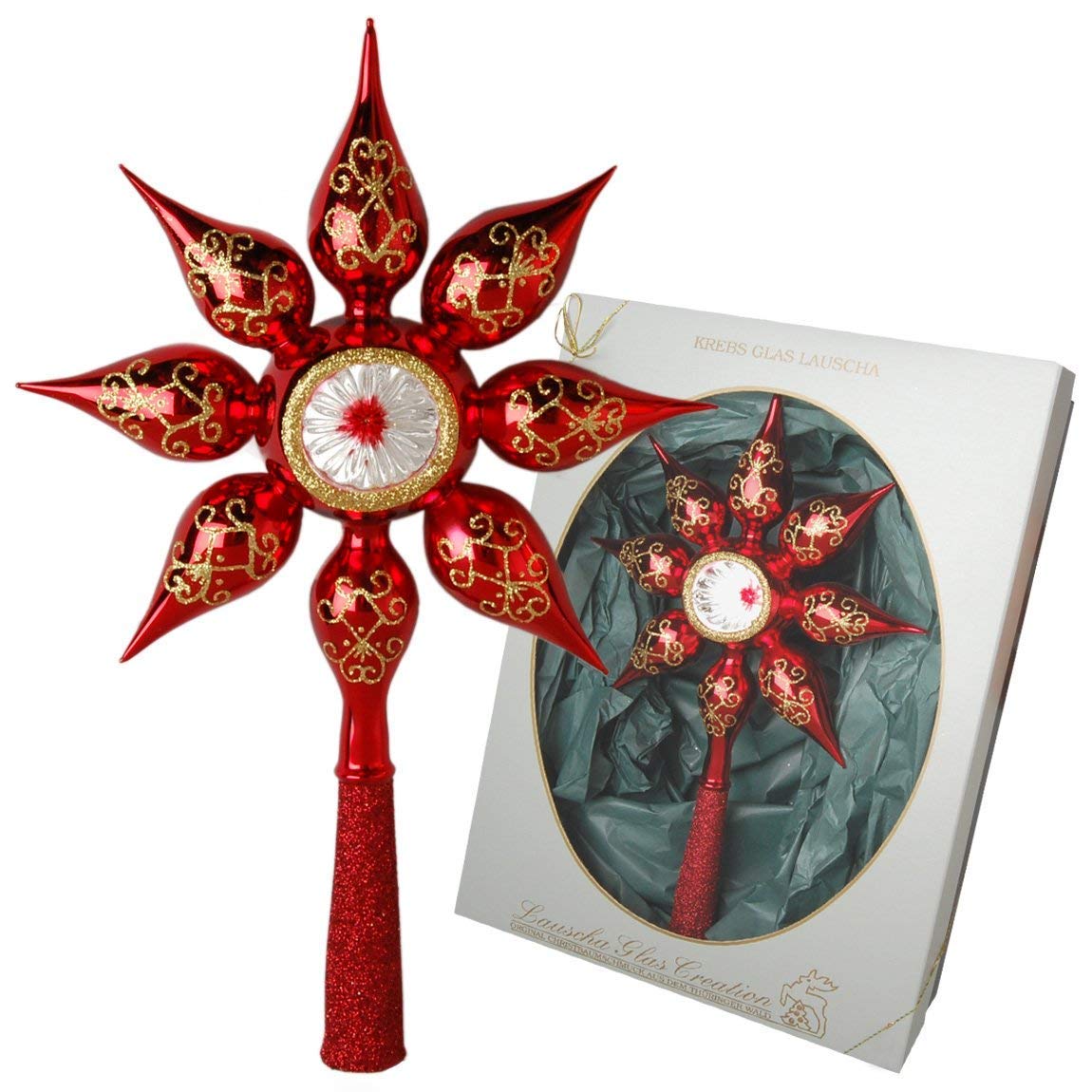 Christbaumspitze glänzend rot mit Dekor, 30 cm in hochwertiger Geschenkbox