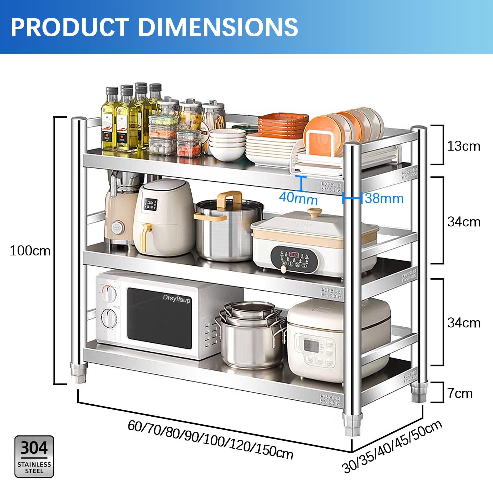 Scaffale regolabile a 3 ripiani in acciaio inox, resistente, per la preparazione della cucina, multiuso, durevole, scaffalatura per uso domestico e commerciale (60150 cm, 90 x 30 x 100 cm)