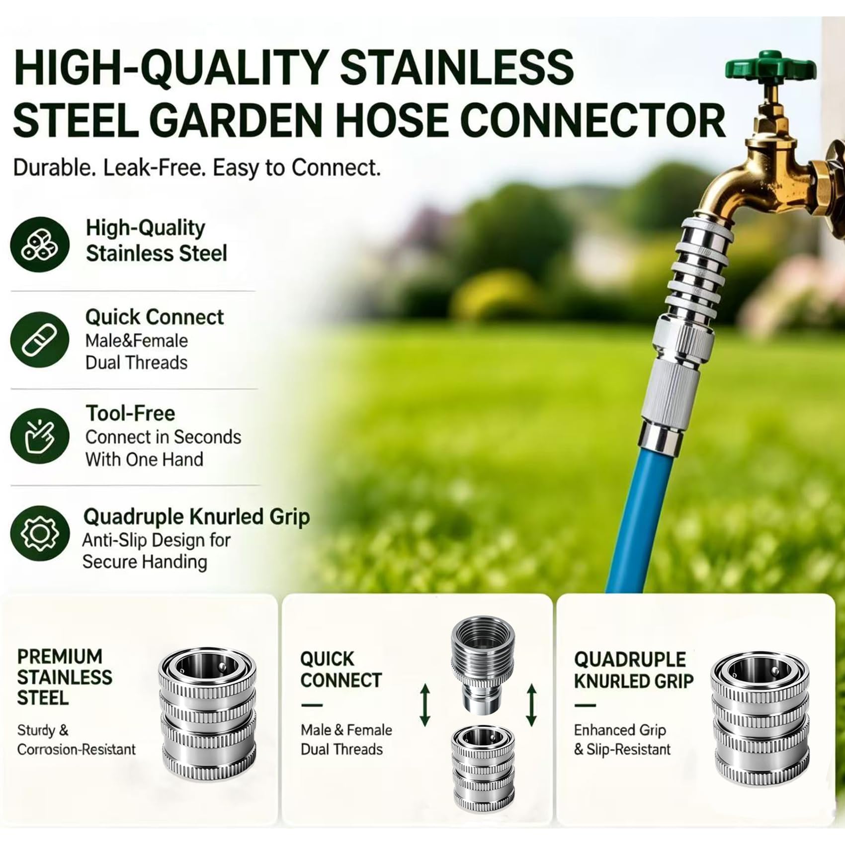 Set di 5 raccordi per tubo da giardino in acciaio inox, a connessione rapida, resistenti da 1,3 cm a 1,9 cm, kit di connettori a sgancio rapido per rubinetto, spruzzatore e tubo dell'acqua all'aperto
