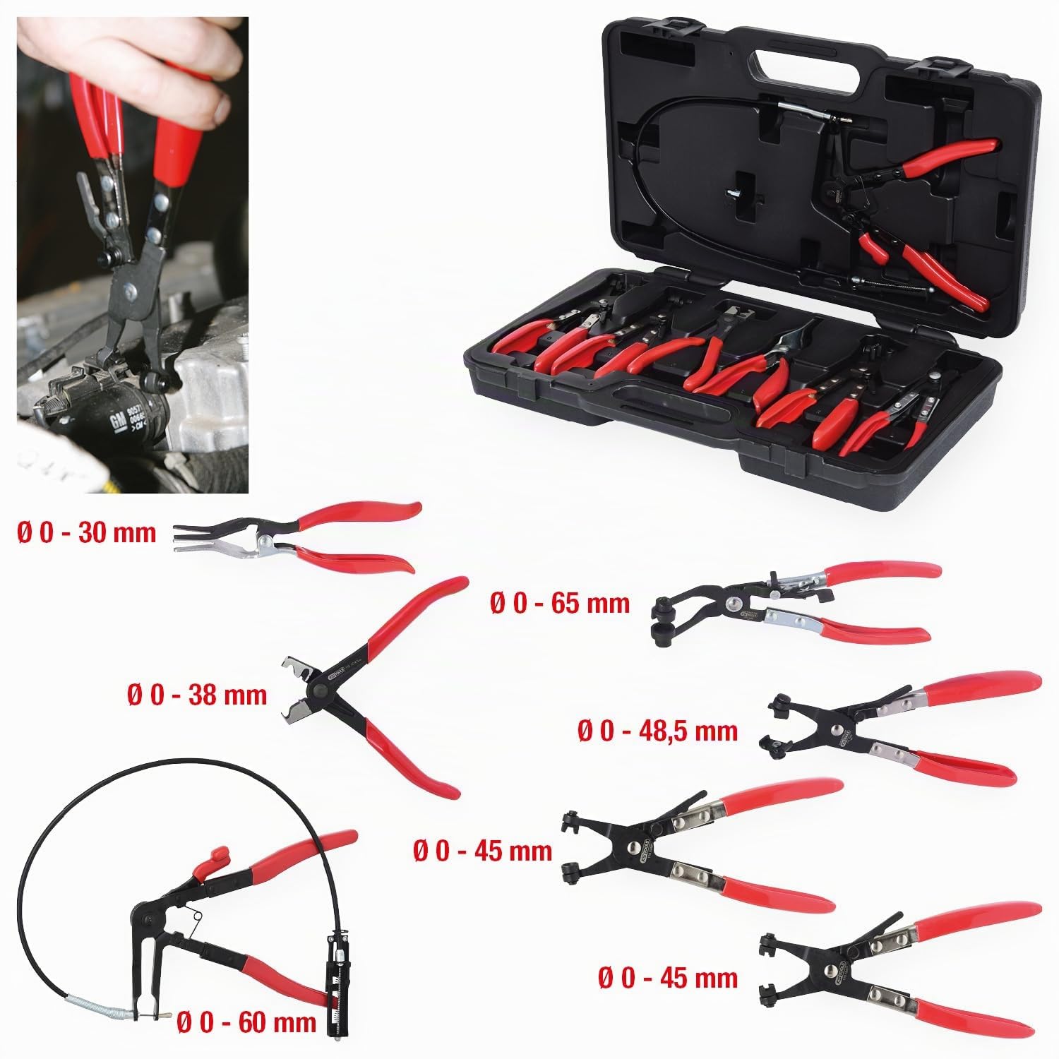 KS Tools 115.1055 Juego de alicates para abrazaderas de mangueras para vehículos industriales, 7 pzs
