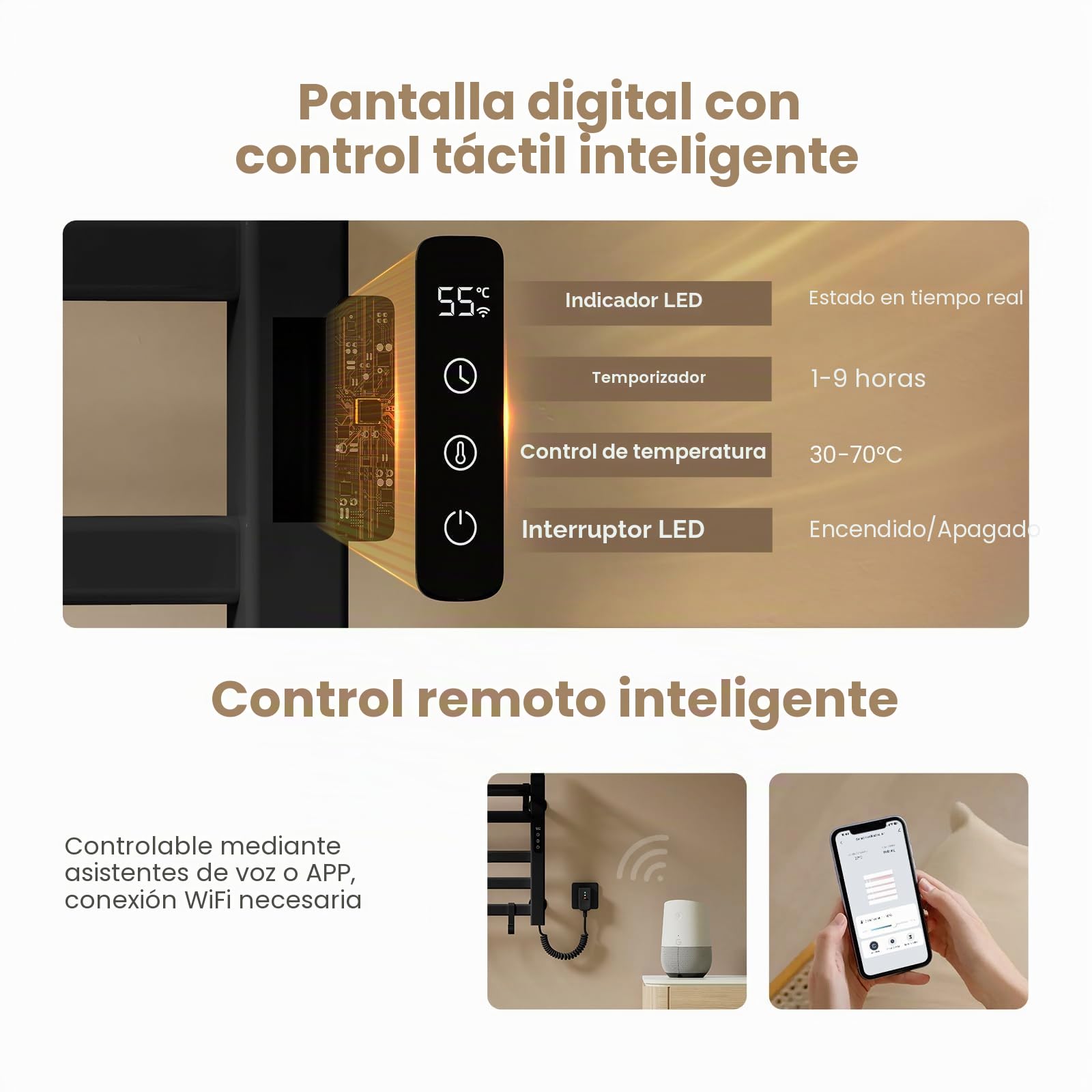 EMKE Radiador eléctrico de baño toallero, 500 x 500 mm, temperatura constante inteligente, toallero eléctrico, con estante, color negro, 140 W