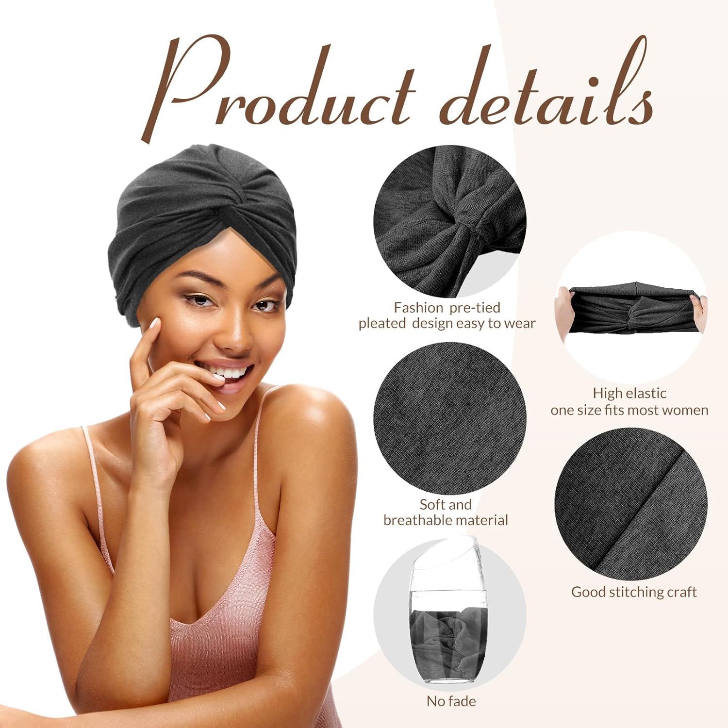 SATINIOR 6 Pcs Chemo Turbans for Women Soft Pre Tied Knot Fashion Pleated Headwear Cancer Head Wraps Sleeping Hat, 6 Colors - Image 7