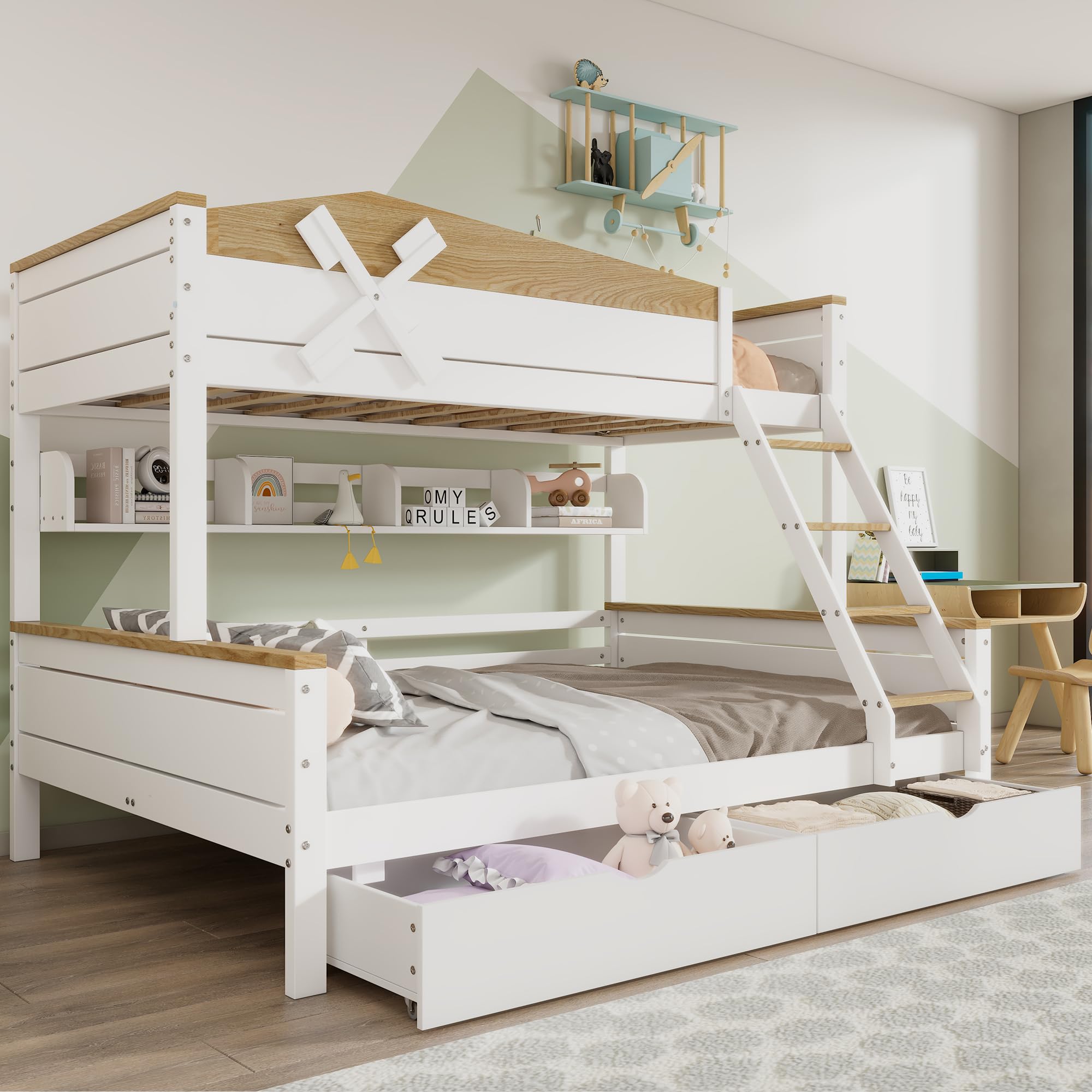 Rtopsu Kinderbett Etagenbett 90x200 cm & 140x200 cm mit Stauraum und Leiter,Hochbett mit Windmühle Hausbett Baumhaus Bett mit Lattenrost aus Holz und Rausfallschutz für 2-3 Kinder Weiß,Ohne Matratze